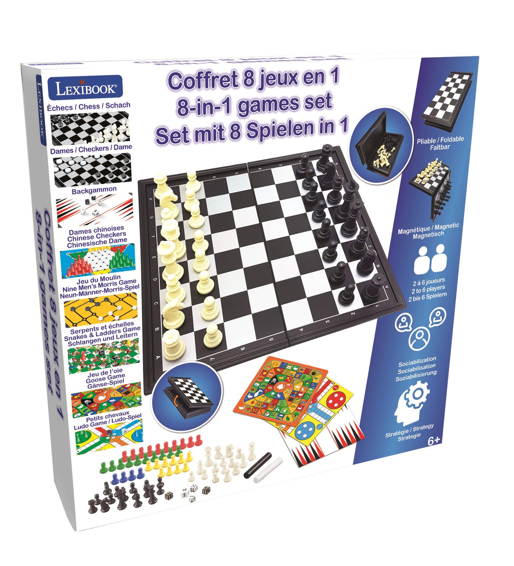 LEXiBOOK - Juego de juegos 8 en 1, ajedrez, damas, backgammon, damas chinas, juego Morris de nueve hombres, juego de serpientes y escaleras, juego de ganso, juego de ludo, JGM800