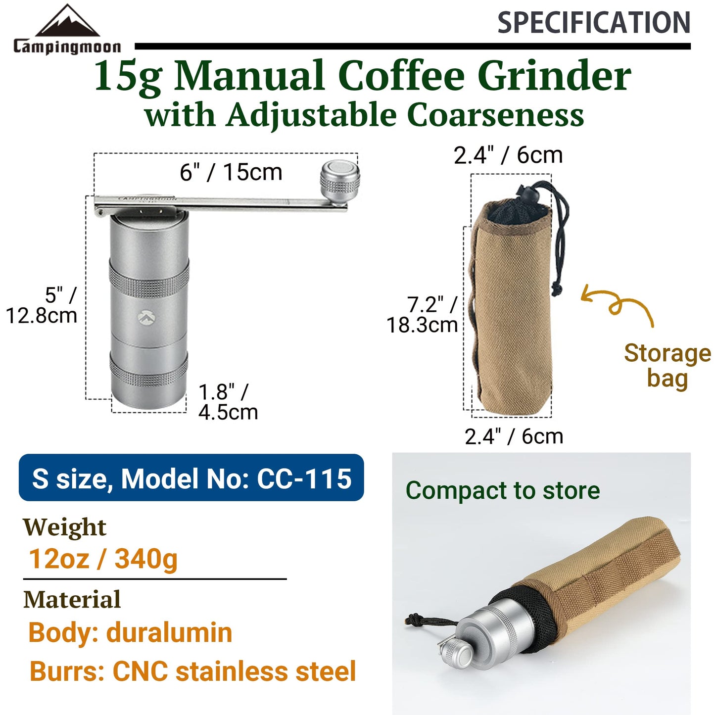CAMPINGMOON - Molinillo de café manual para acampar, acero inoxidable, portátil, pequeño CC-115