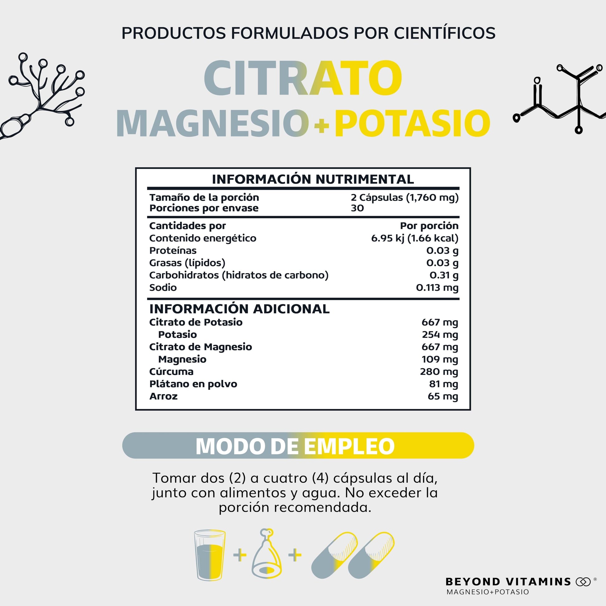 Citrato de Magnesio + Citrato de Potasio | 1334 mg de citrato de magnesio y citrato de potasio | Adicionados con Platano en Polvo, Curcuma y Arroz | Cápsulas sin rellenos | Vegano | Citrate Magnesium + Potassium Citrate-60 cápsulas