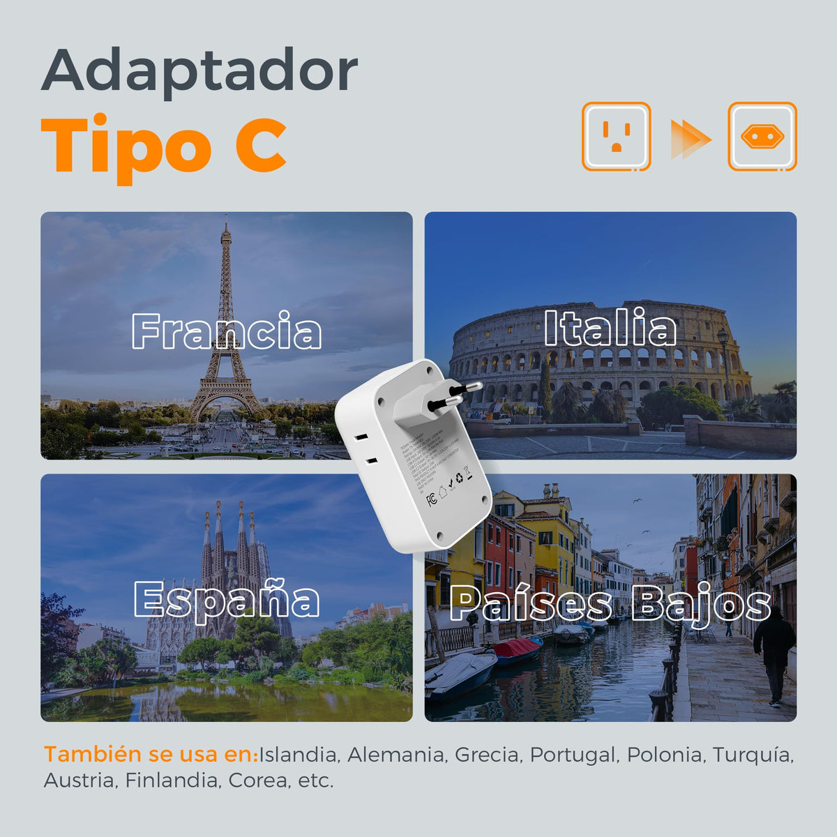 Adaptador Europeo TESSAN Blanco 20W Cargador Tipo C Carga Rápida