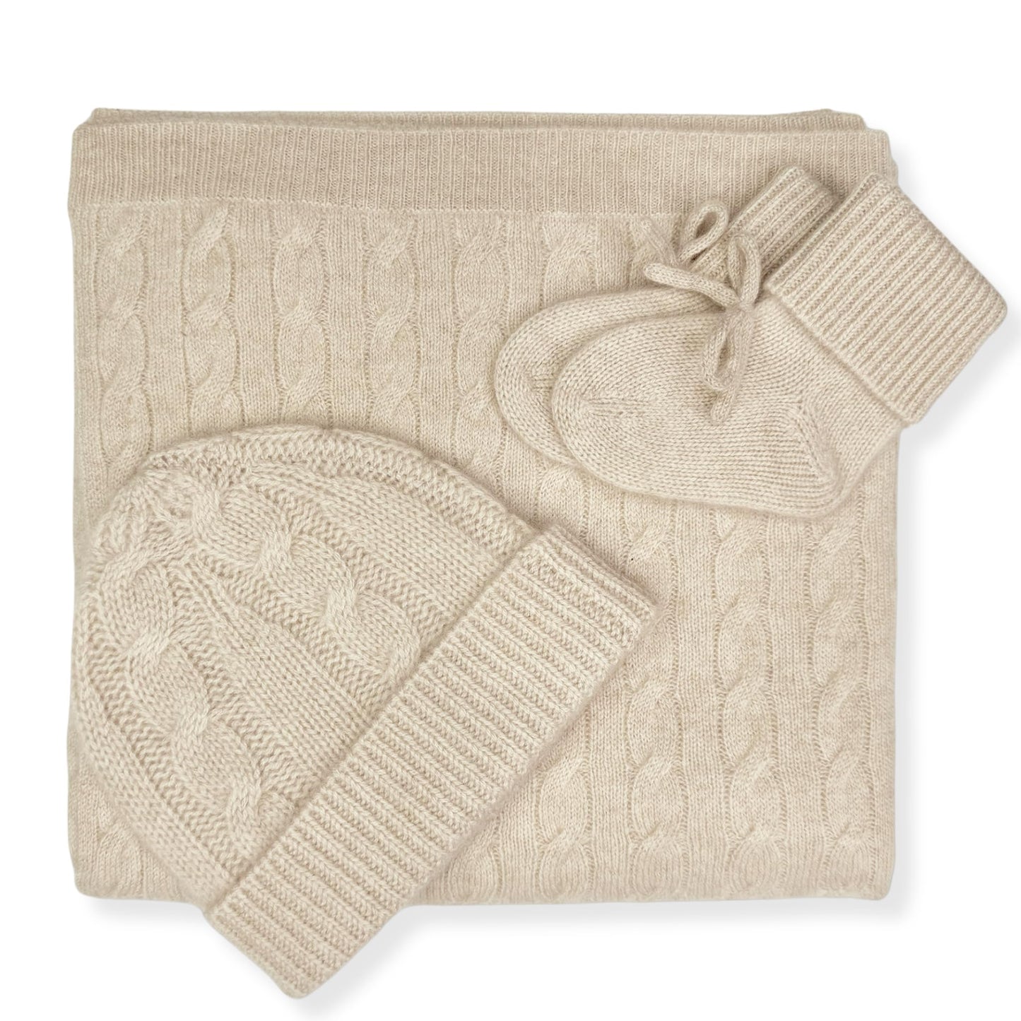Jet&Bo BABY - Manta de bebé 100% cachemira, gorro y botines, juego de regalo de punto de cable en azúcar moreno, unisex, tamaño 0-6 meses, caja de regalo y tarjeta incluida