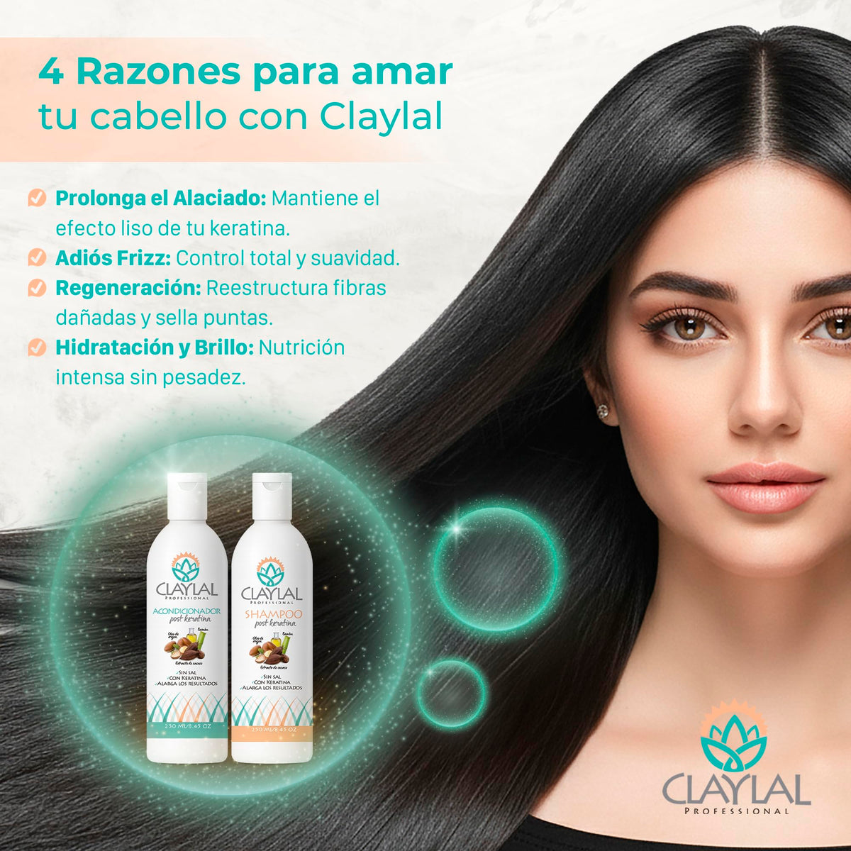 Claylal Professional | Shampoo y Acondicionador Post keratina 250ml c/u | Sin Sal | Tratamiento Post Alaciado con Cacao, Bambú y Aceite de Argán | Hidrata, Repara y Prolonga el Alaciado
