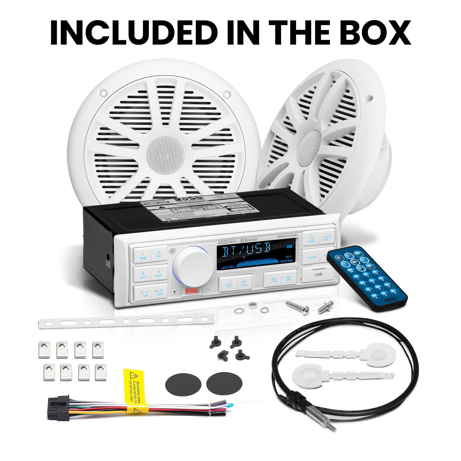 BOSS Audio Systems MCK500WB.6 Paquete de Receptor Marino y Altavoz – Resistente a la Intemperie, Audio Bluetooth, USB, MP3, Am/FM, Entrada Auxiliar, Altavoces de 6.5 Pulgadas, Antena dipolo Marino