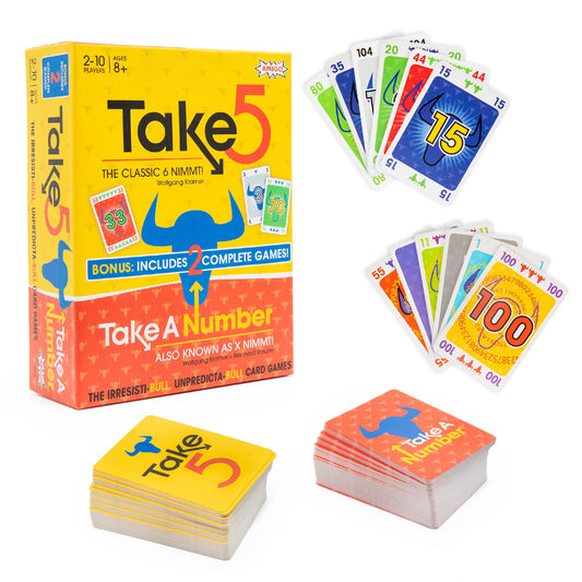AMIGO Games Take 5 & Take a Number – Two Complete Games in One – Take 5 is The Classic 6 Nimmt & Take a Number también se Conoce como X Nimmt. - Juegos de Cartas clásicos para niños y Adultos de 8