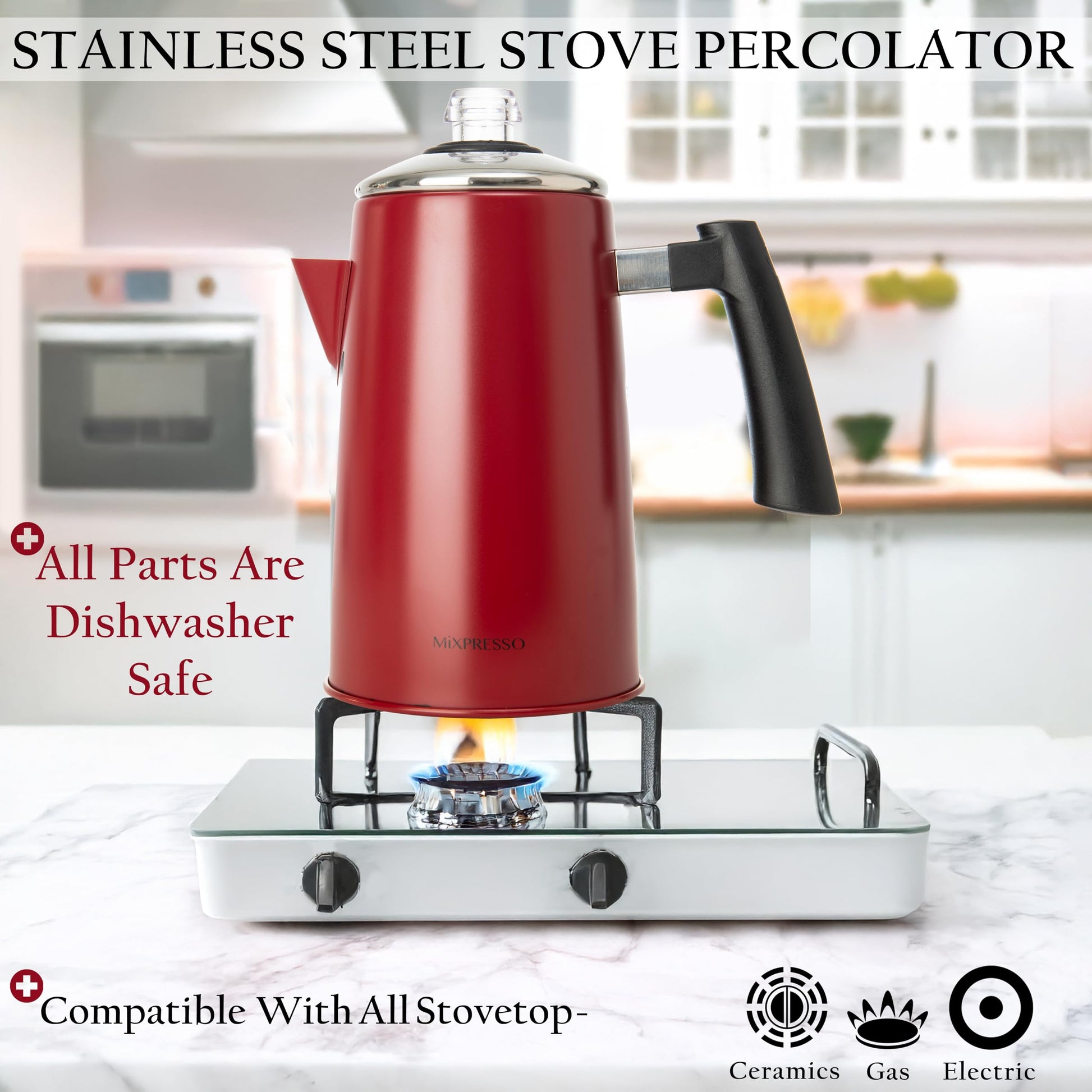 Percolador de Café Mixpresso Rojo con Mango de Tacto Frío de Acero Inoxidable 50 Onzas
