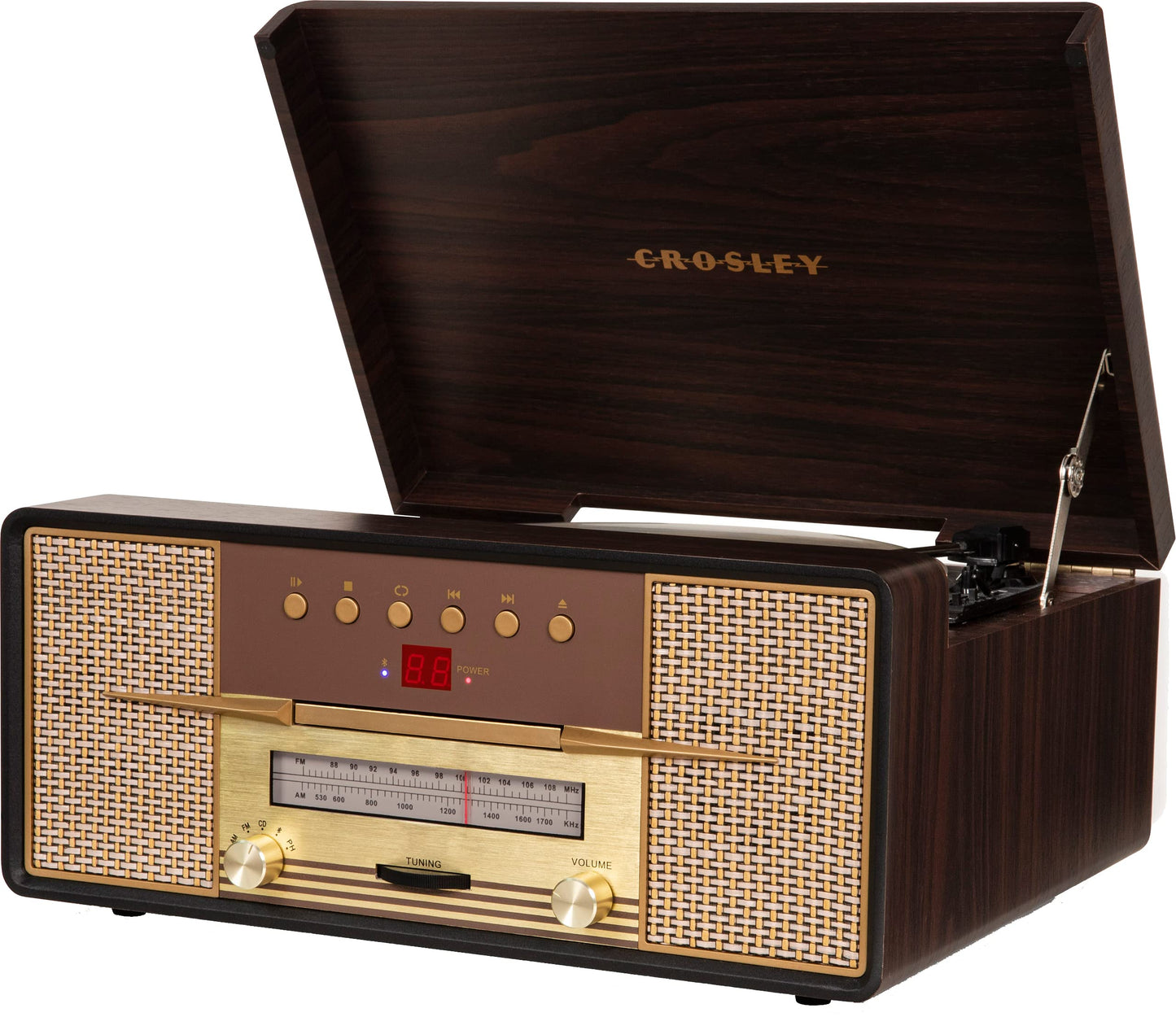 Crosley CR7016A-MA Rhapsody - Tocadiscos de 3 velocidades con Bluetooth, Radio Am/FM, Reproductor de CD y Entrada Auxiliar, Caoba