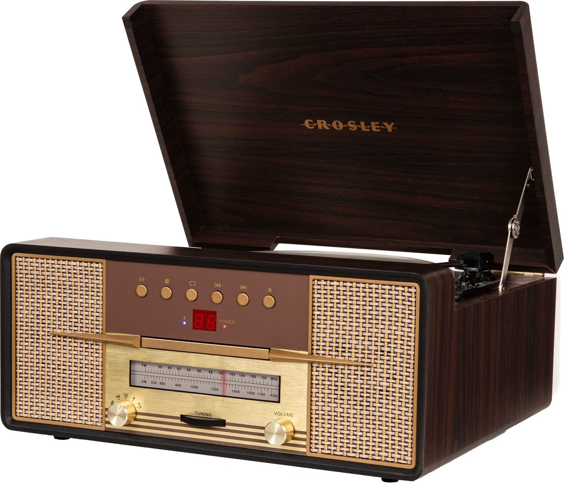 Crosley CR7016A-MA Rhapsody - Tocadiscos de 3 velocidades con Bluetooth, Radio Am/FM, Reproductor de CD y Entrada Auxiliar, Caoba