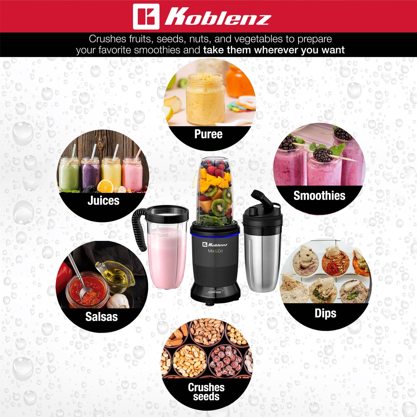Licuadora Personal Koblenz Mix&Go Batidora Portátil, 1000 Watts, Kit Completo, 12 Accesorios con 2 Vasos de Tritán y 1 Vaso de Acero, Cuchillas de Acero, Ideal para Jugos y Smoothies Negro BKM-1000