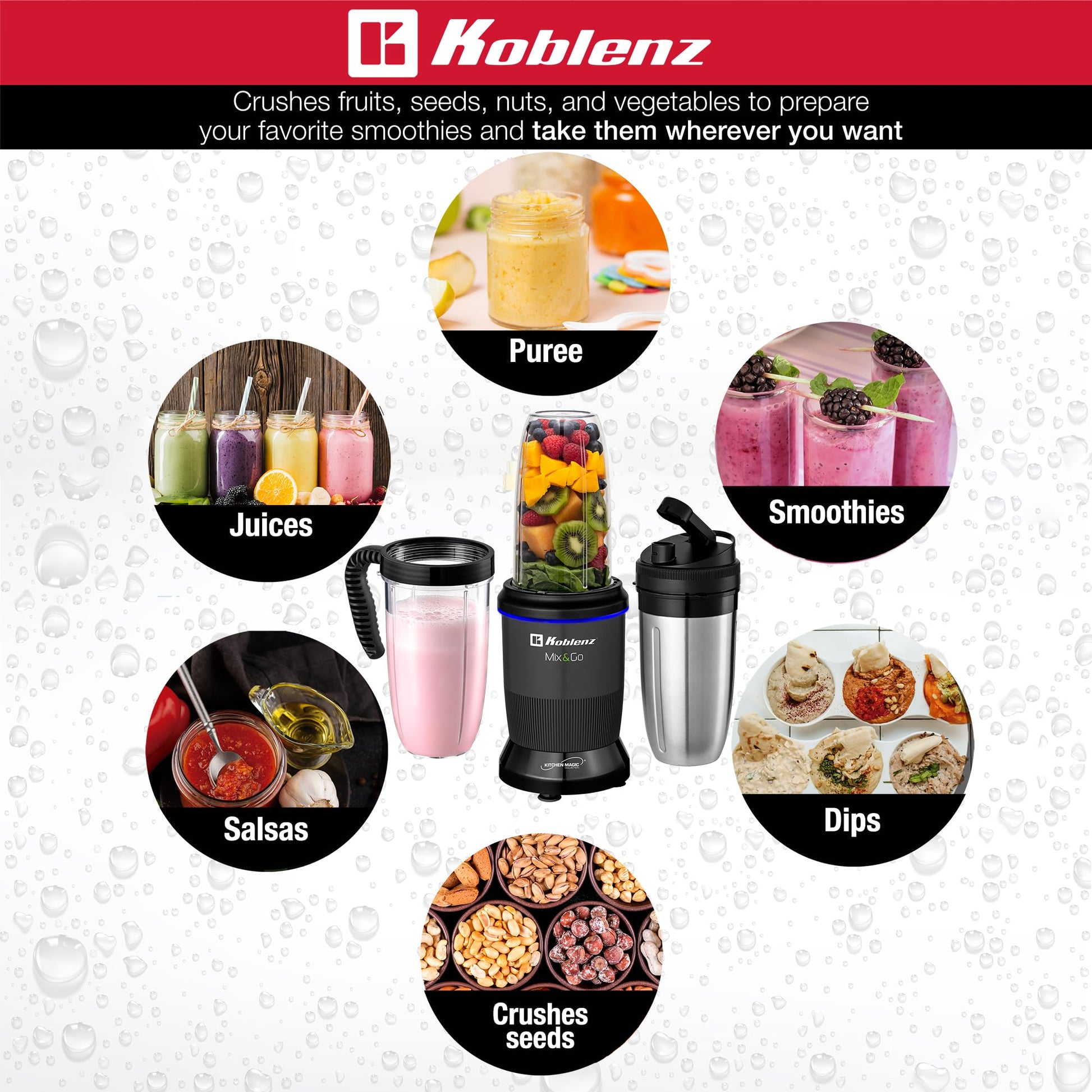 Licuadora Personal Koblenz Mix&Go Batidora Portátil, 1000 Watts, Kit Completo, 12 Accesorios con 2 Vasos de Tritán y 1 Vaso de Acero, Cuchillas de Acero, Ideal para Jugos y Smoothies Negro BKM-1000