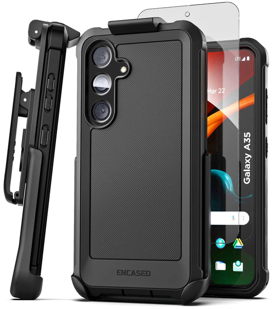 Funda protectora resistente para Samsung Galaxy A35 5G con clip para cinturón y protector de visualización (vidrio templado), color negro