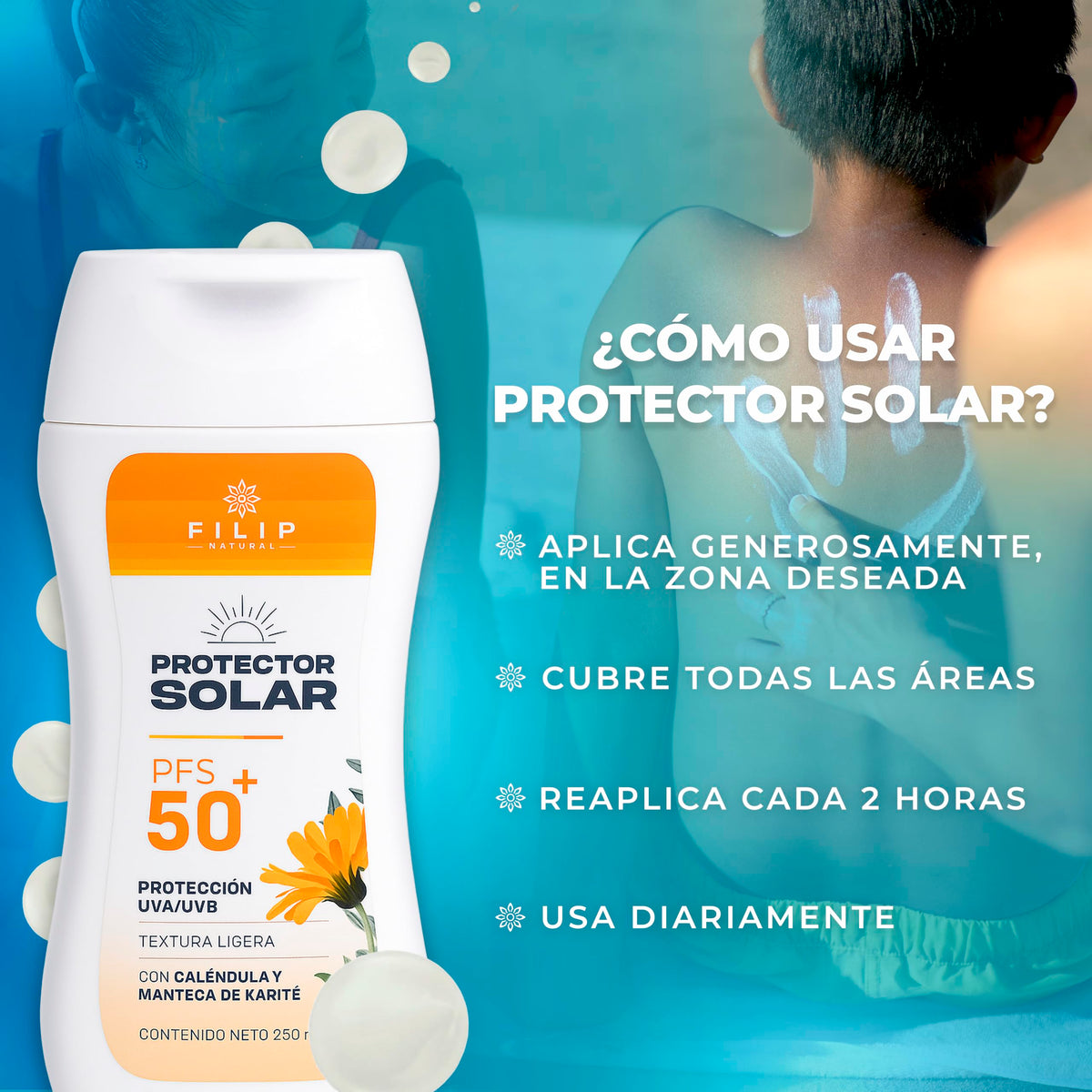 FILIP Natural – Protector Solar FPS50+ | Con Caléndula y Manteca de Karité, Protección UVA/UVB, Para Piel Sensible | 250 ml