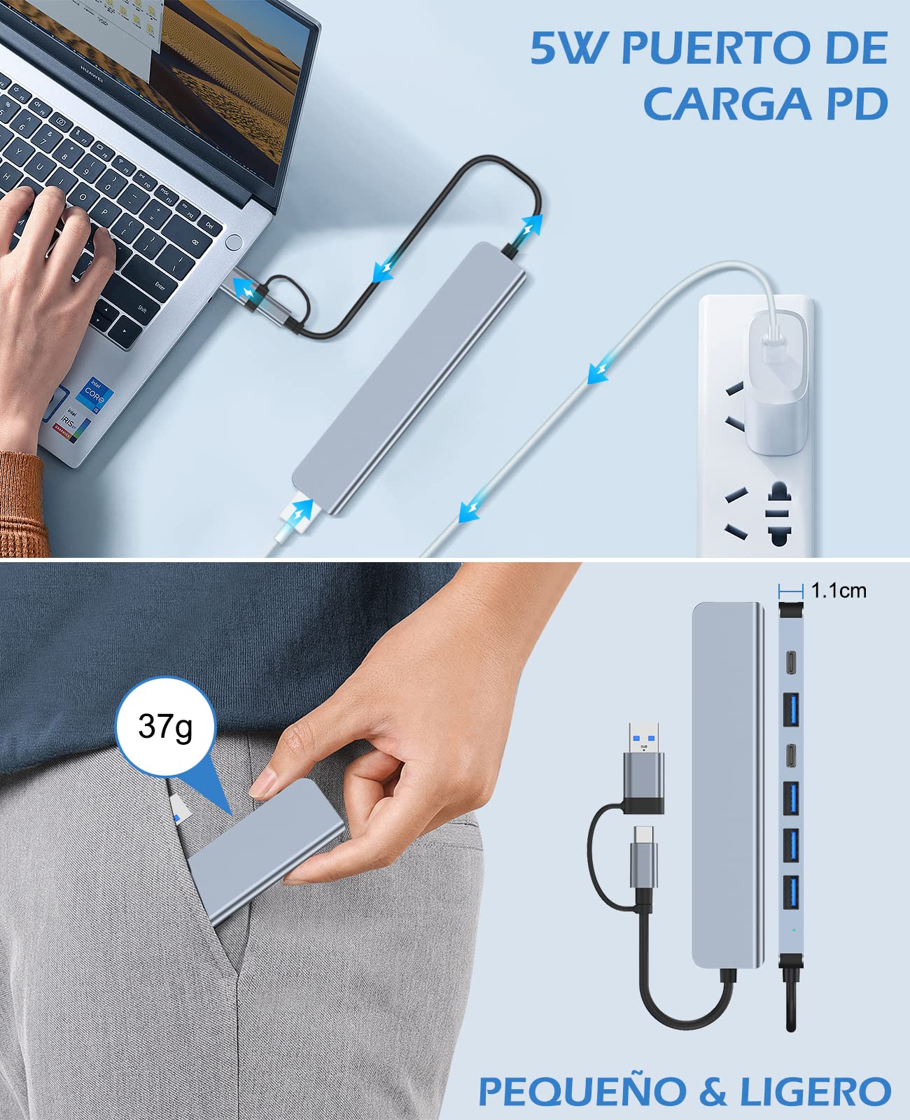 Lostrain Hub USB C 3.0, 7 en 2 Adaptador multipuerto Tipo C Hub con USB 3.0 Portátil Concentrador Hub USB C para MacBook Air/Pro iPad Chromebook Lenovo Huawei Surface
