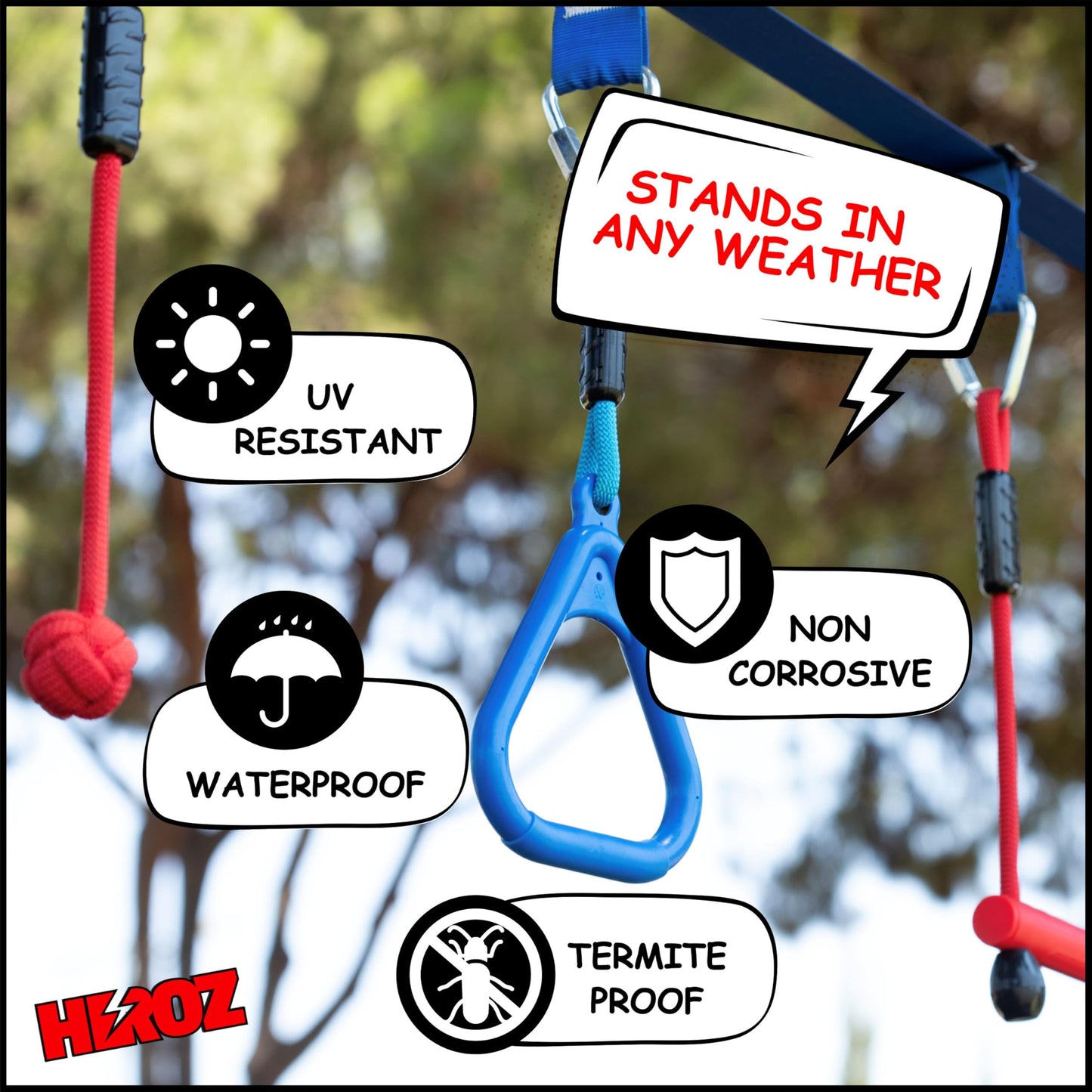 Heroz - Campo de obstáculos para niños - Campo de obstáculos Ninja Warrior para niños Equipo de juego al aire última intervensión de 60 pies, doble holgura, barras de overol, rueda, cuerda de escalada