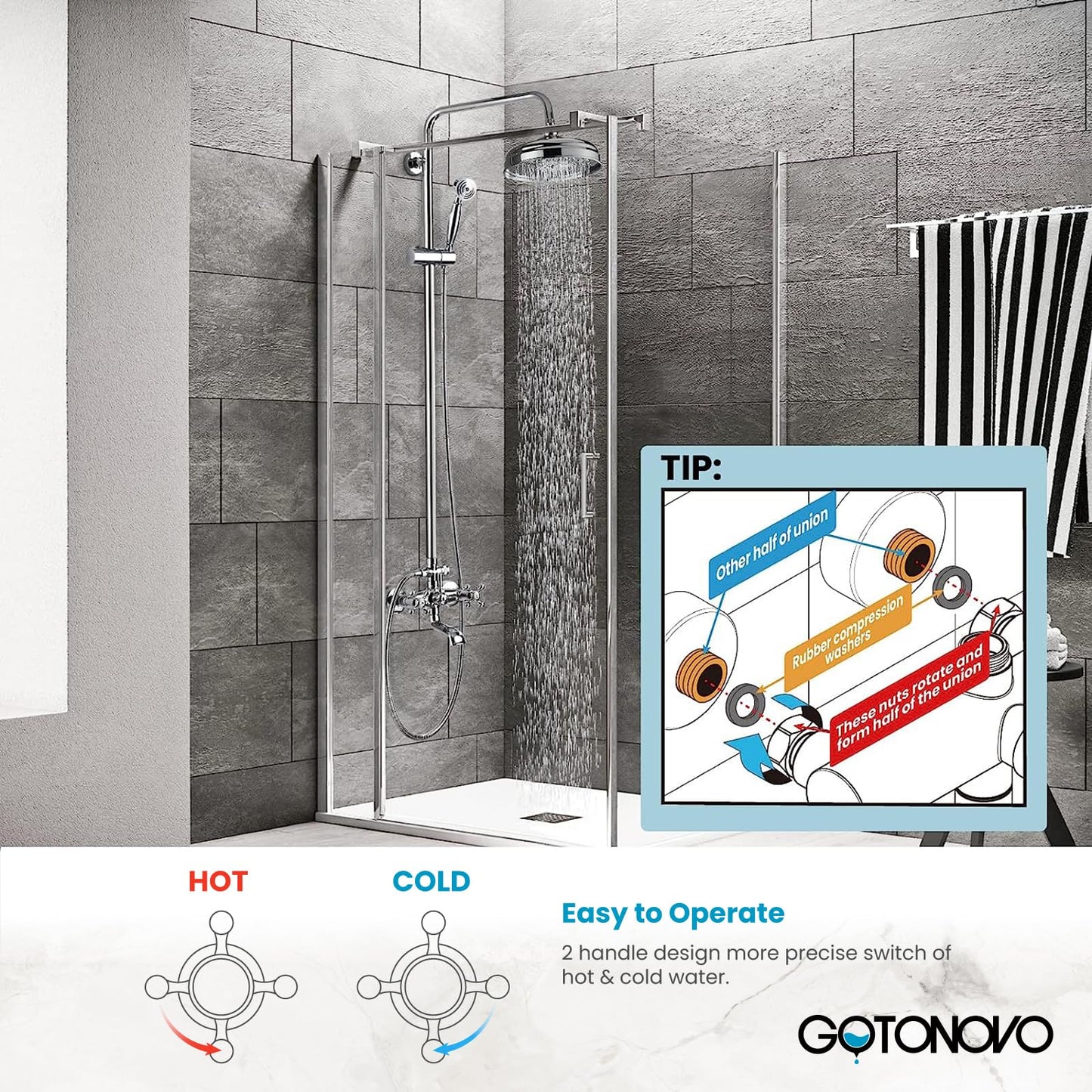 gotonovo - llave de ducha de baño, mezclador de lluvia redondo de 8 pulgadas, doble asa cruzada con boquilla para tina, montaje en pared, accesorios de ducha de baño, pulverizador de mano de metal de