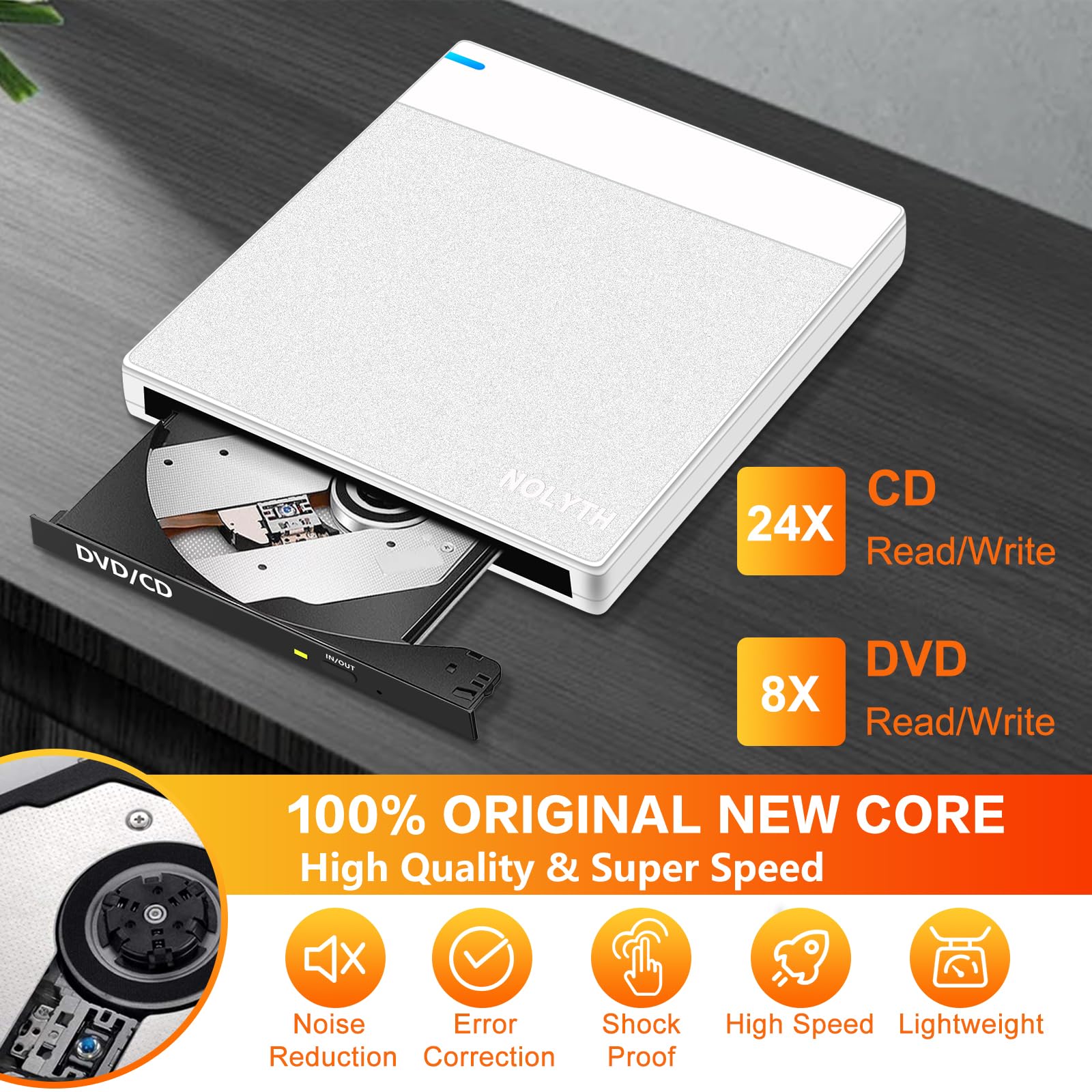 Unidad de CD y DVD Externa NOLYTH Plateado con Grabadora USB y Alta Velocidad
