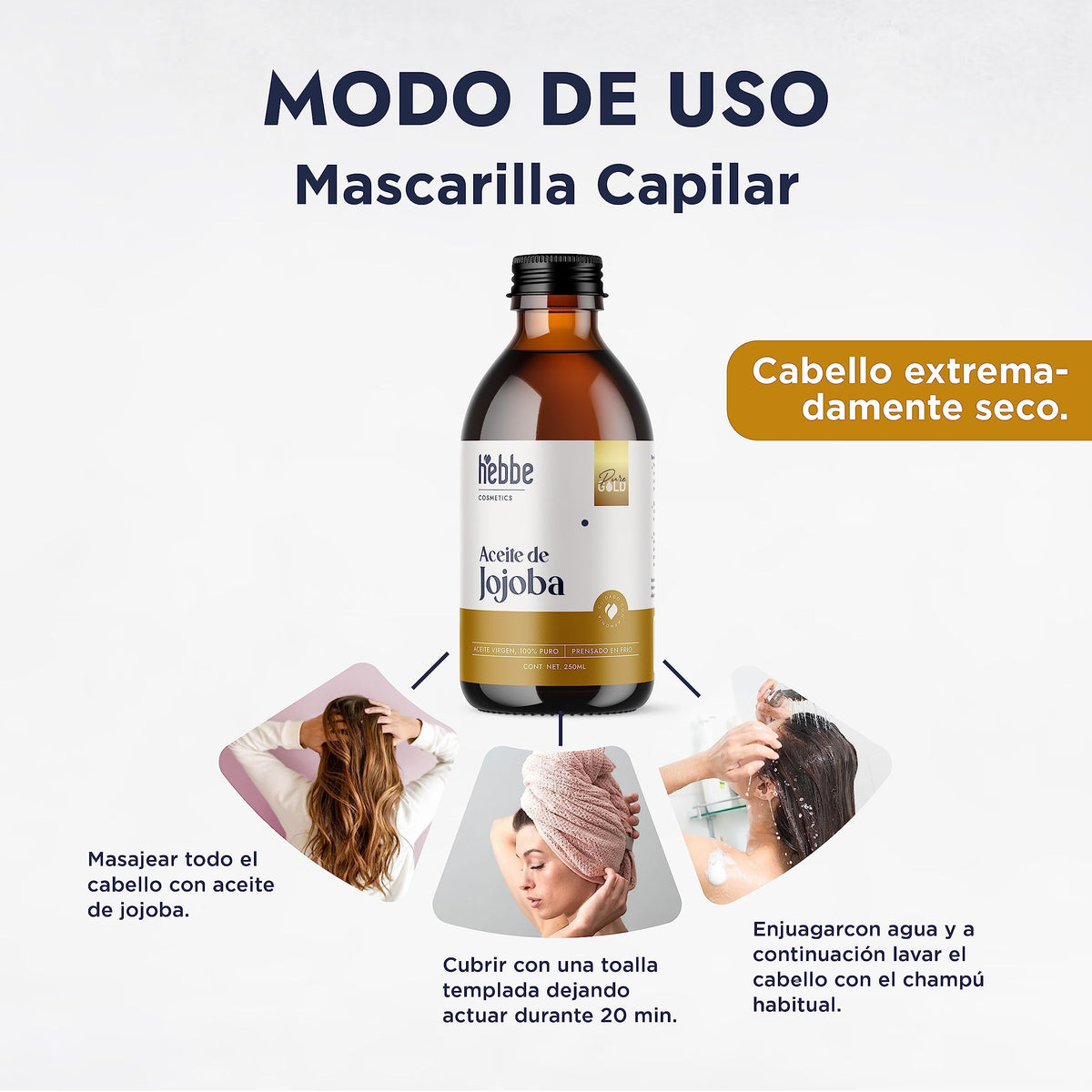 HEBBE | Aceite De Jojoba 250 ml | Orgánico Prensado En Frío Para Cabello Y Piel | Hidratante Facial Para Piel Mixta Y Grasa | Regula Sebo Fortalece Cabello