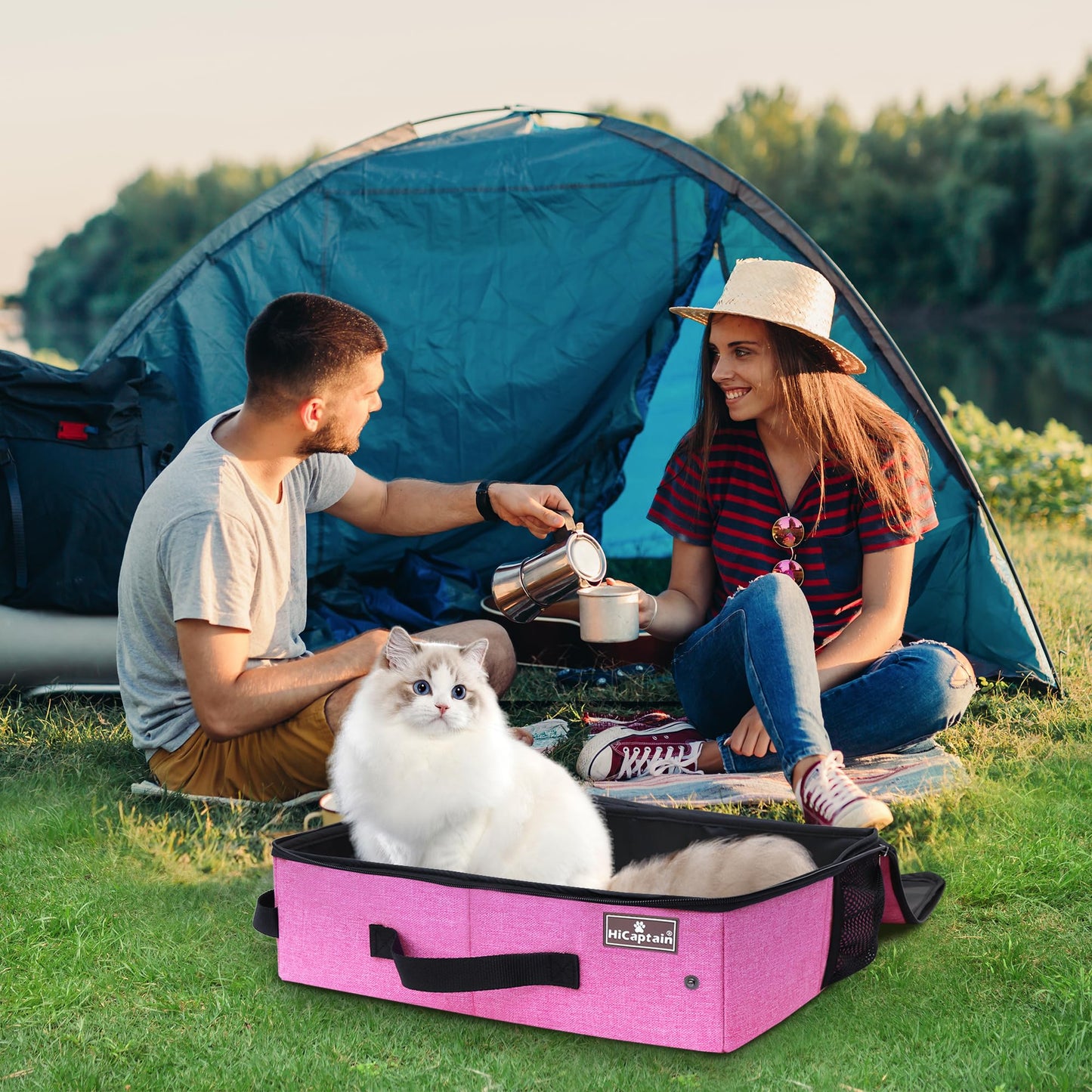 HiCaptain - Caja de arena portátil para gatos con tapa, caja de arena de viaje plegable en coche diseñada para gatos medianos, peso ligero a prueba de fugas, impermeable, fácil de llevar, color rosa