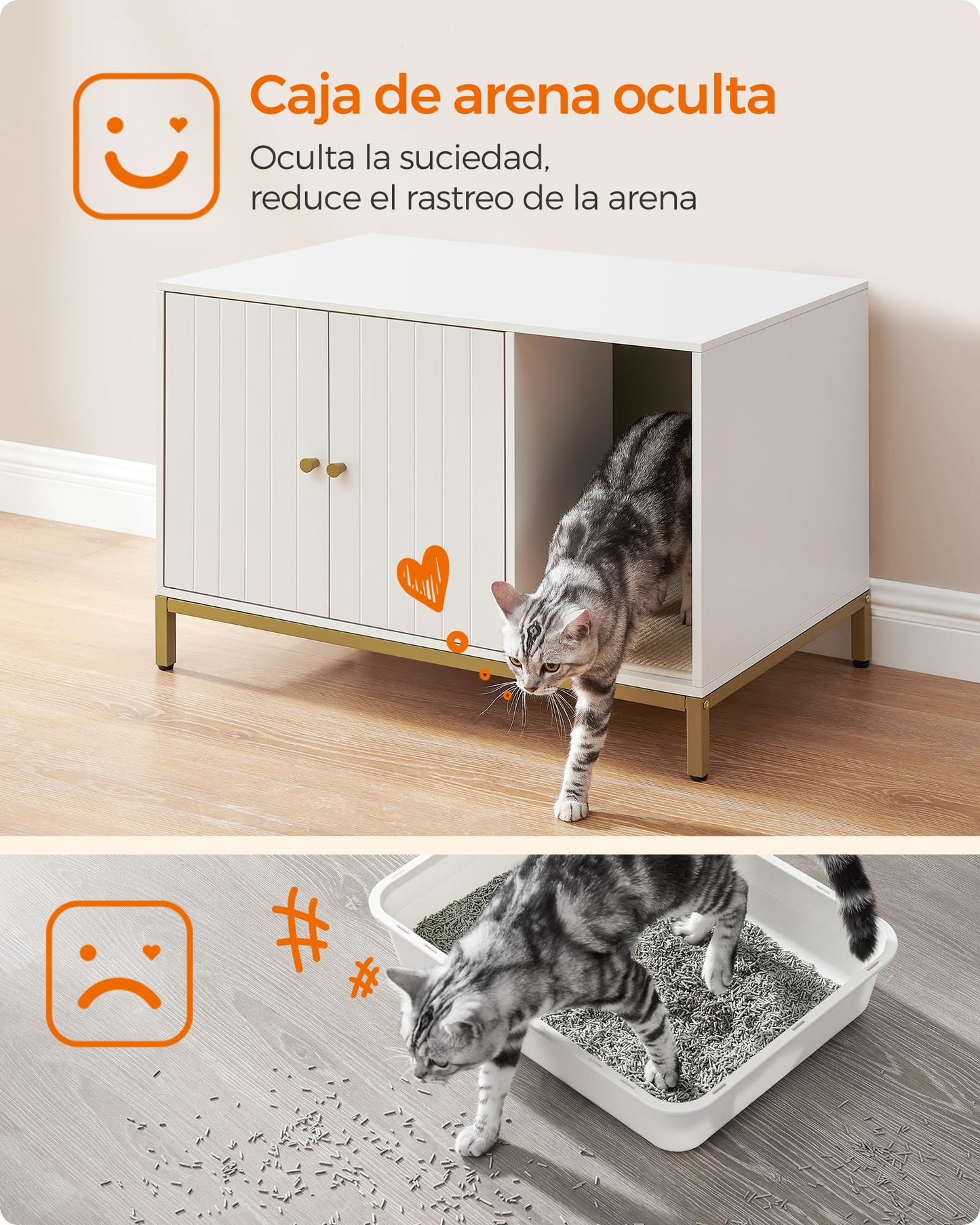 Feandrea Mueble Arenero, Mueble de Caja Arenero para Gatos,con Alfombrilla Rascadora, Patas Altas, 80 x 50 x 55 cm, Blanco y Dorado MPCL007W01
