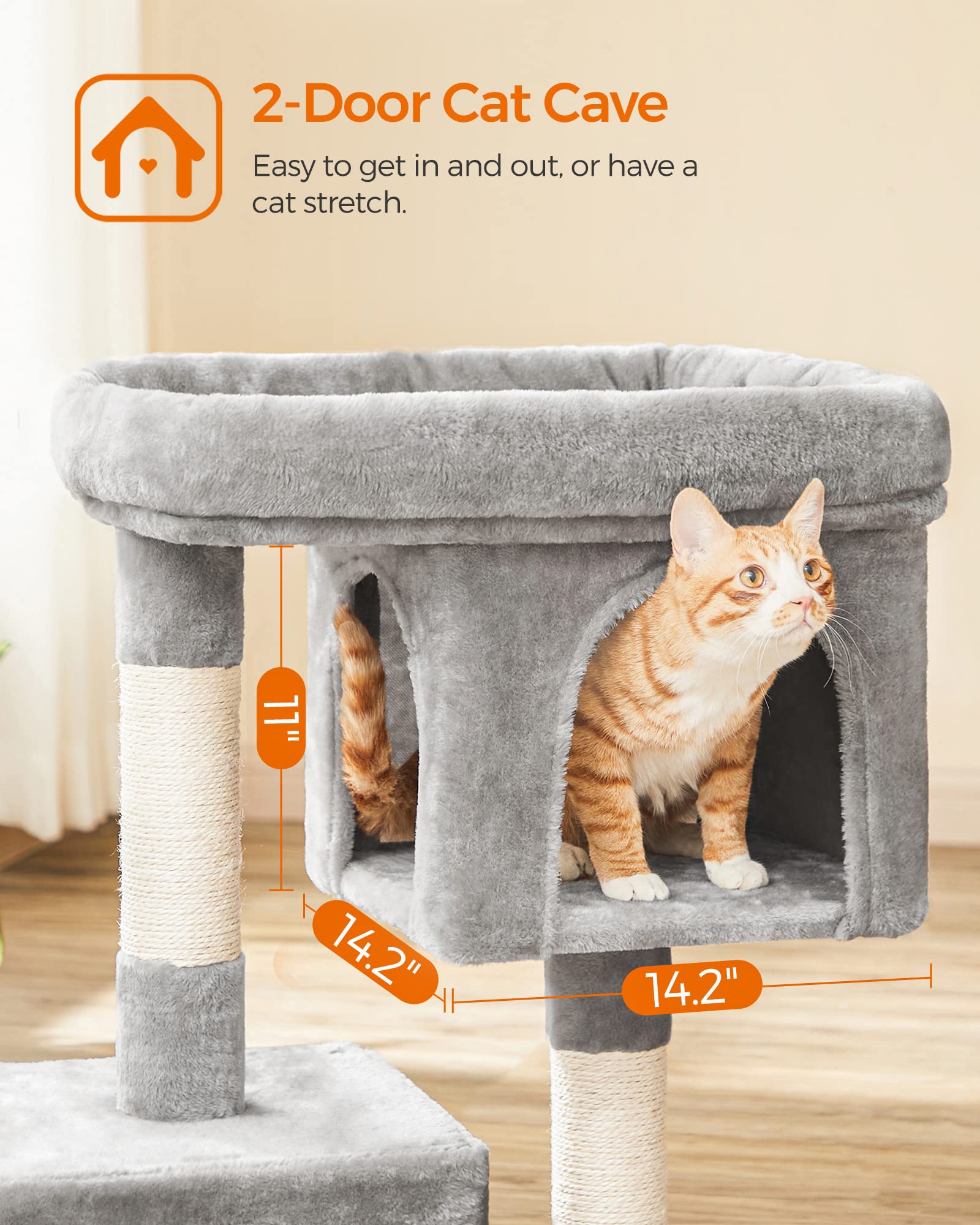 SONGMICS Cat Tree with Sisal-Covered Scratching Posts and 2 Plush Condos Cat Furniture for Kittens Light Gray UPCT61W