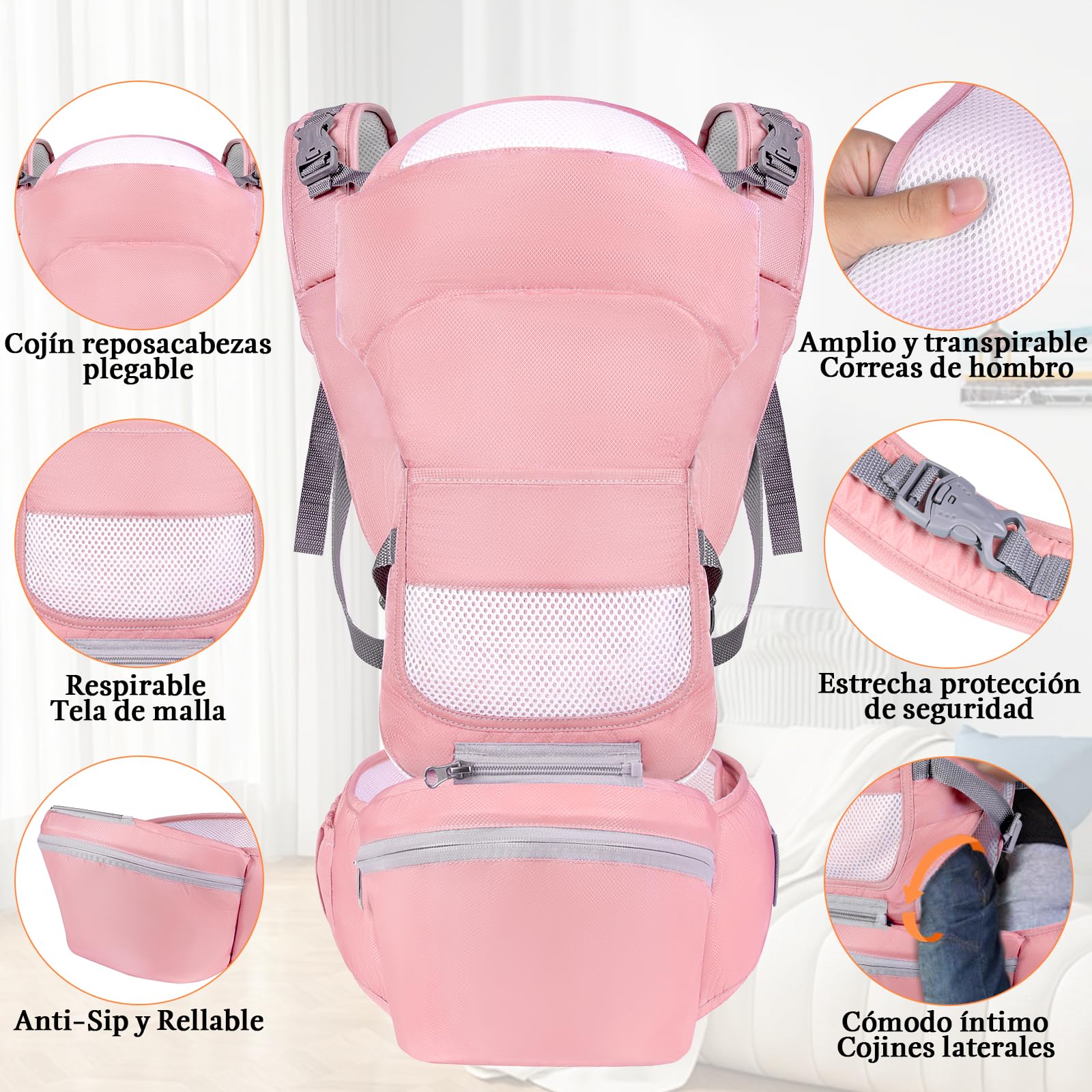Portabebés Fular Cangurera Asiento de Cadera Ergonomico Ligero y Ajustable Rosa para Bebé de 0 a 36 Meses