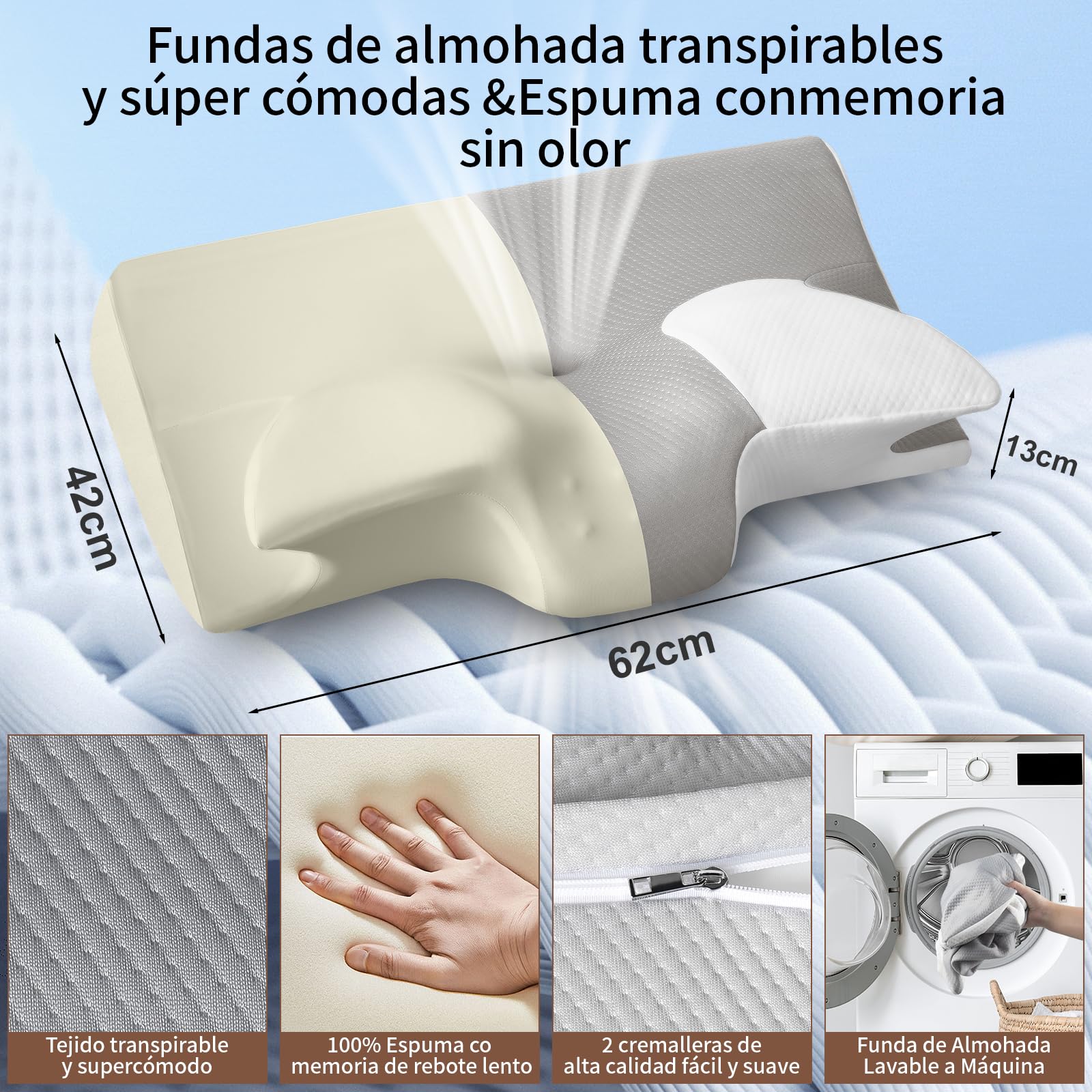 GALASALA Almohada Memory Foam Cervical, Almohada Ortopedica Cervical para Dormir el Lado Cuello, Alivia el Dolor de Cuello, Adecuada para Dormir de Lado, Espalda o Panza con Fundas Almohadas