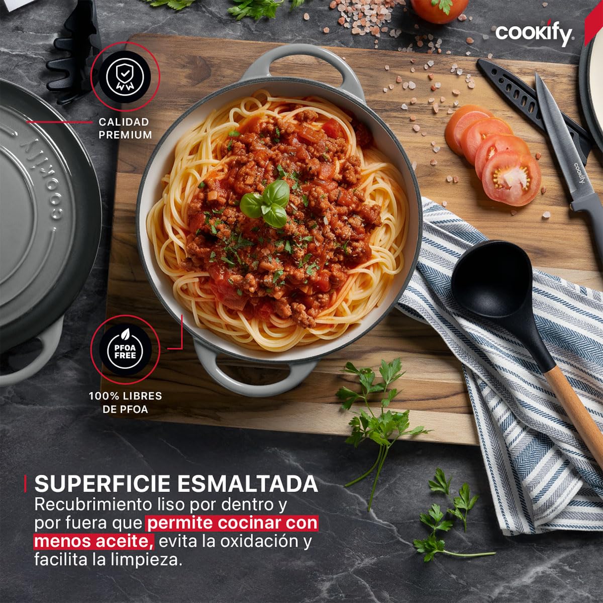 Cookify Olla de Hierro Fundido Esmaltado para Horno y Estufa, Horno Holandés Capacidad 4 Litros Dutch Oven (Gris, 24.8 cm)