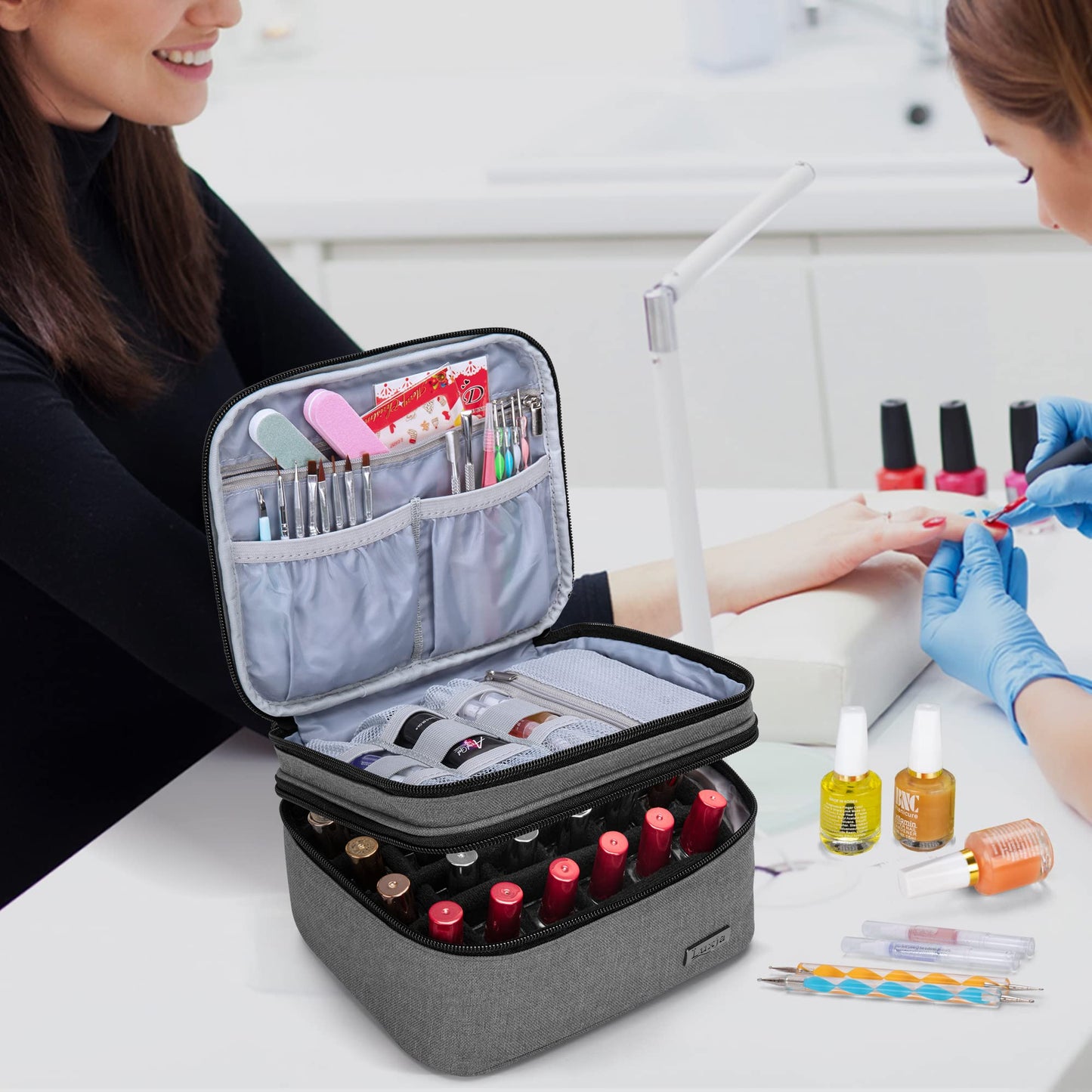 (Version 1: Hold 20 Bottles(15ml), Gray) - Luxja Nail Polish Carrying Case - Holds 20 Bottles (15ml - 0.5 fl.oz) or 30 Bottles (7ml - 0.27 fl.oz), Portable Organiser Bag for Nail Polish and Manicure Set, Grey