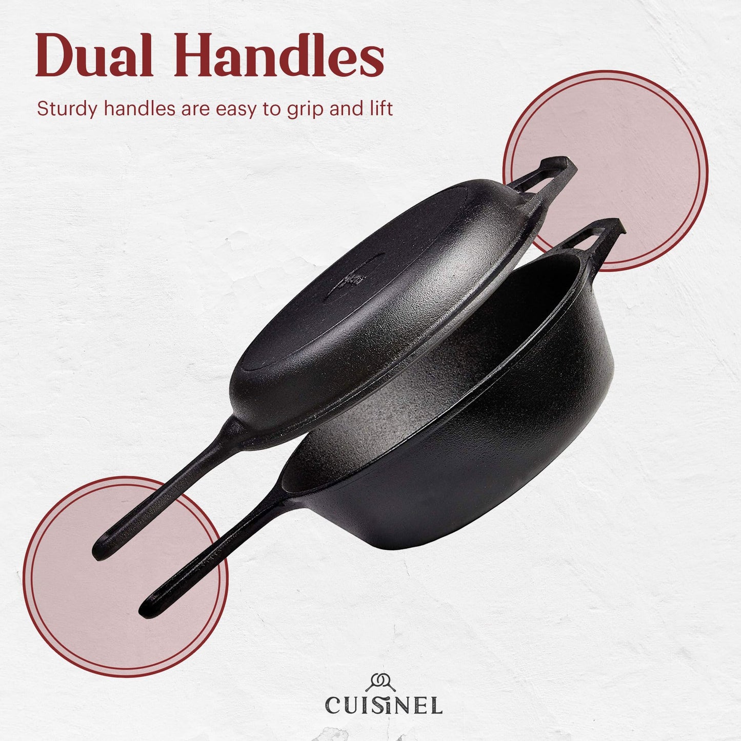 Cuisinel - Sartén de hierro fundido + tapa, 2 en 1, olla profunda + sartén, horno holandés de 3 cuartos de galón, utensilios de cocina presazonados, funciona para pan, interiores y exteriores,