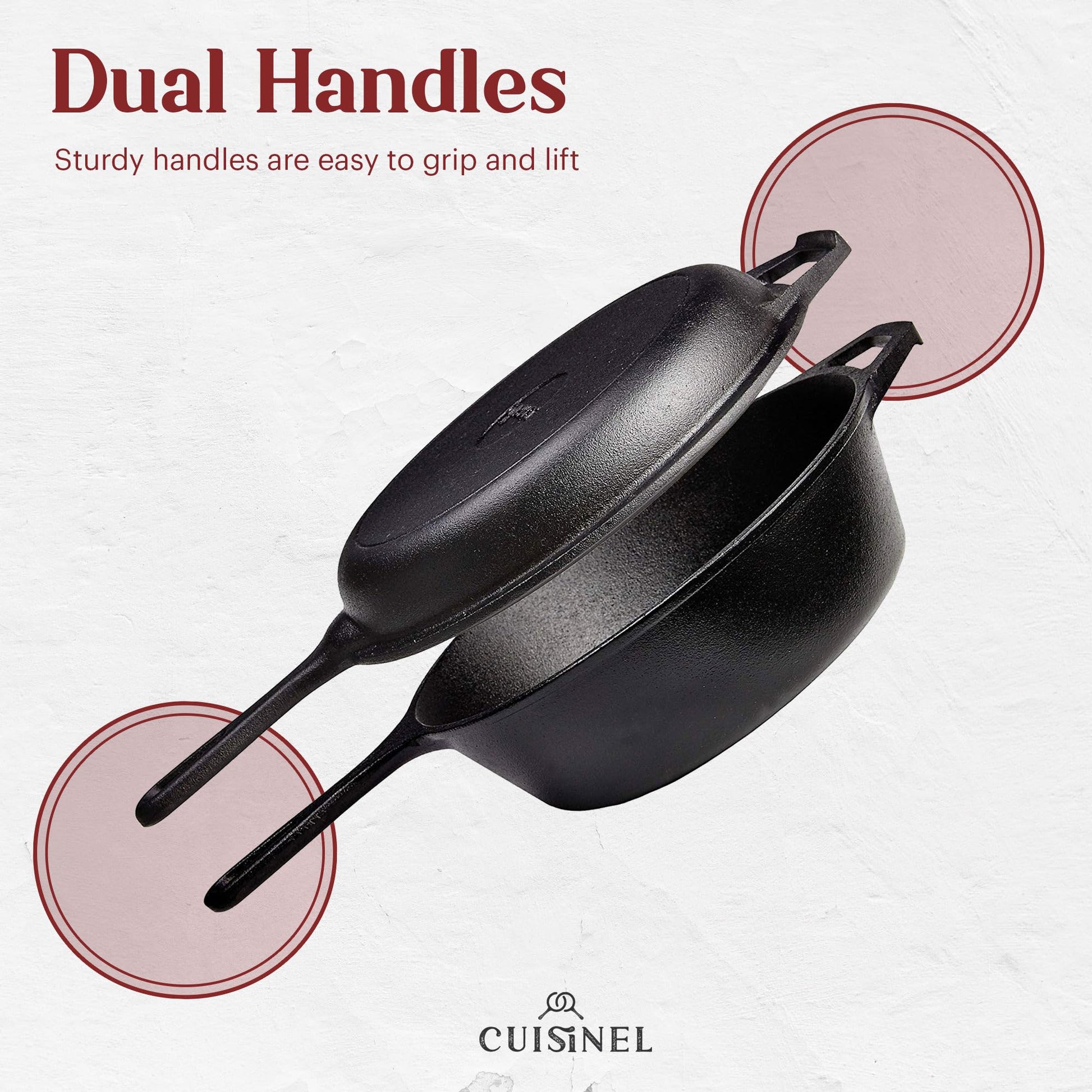 Cuisinel - Sartén de hierro fundido + tapa, 2 en 1, olla profunda + sartén, horno holandés de 3 cuartos de galón, utensilios de cocina presazonados, funciona para pan, interiores y exteriores,