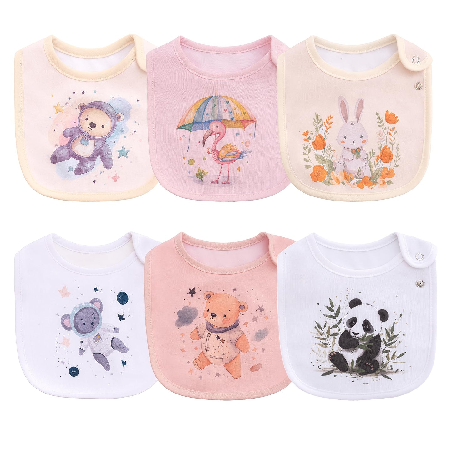 Maiwa - Juego de 6 baberos para bebé, 100% algodón, impermeable, cierre a presión, diseño unisex para bebés y niñas, ideal para babear, dentición y alimentación, fácil de limpiar, artículos esenciales duraderos para bebés