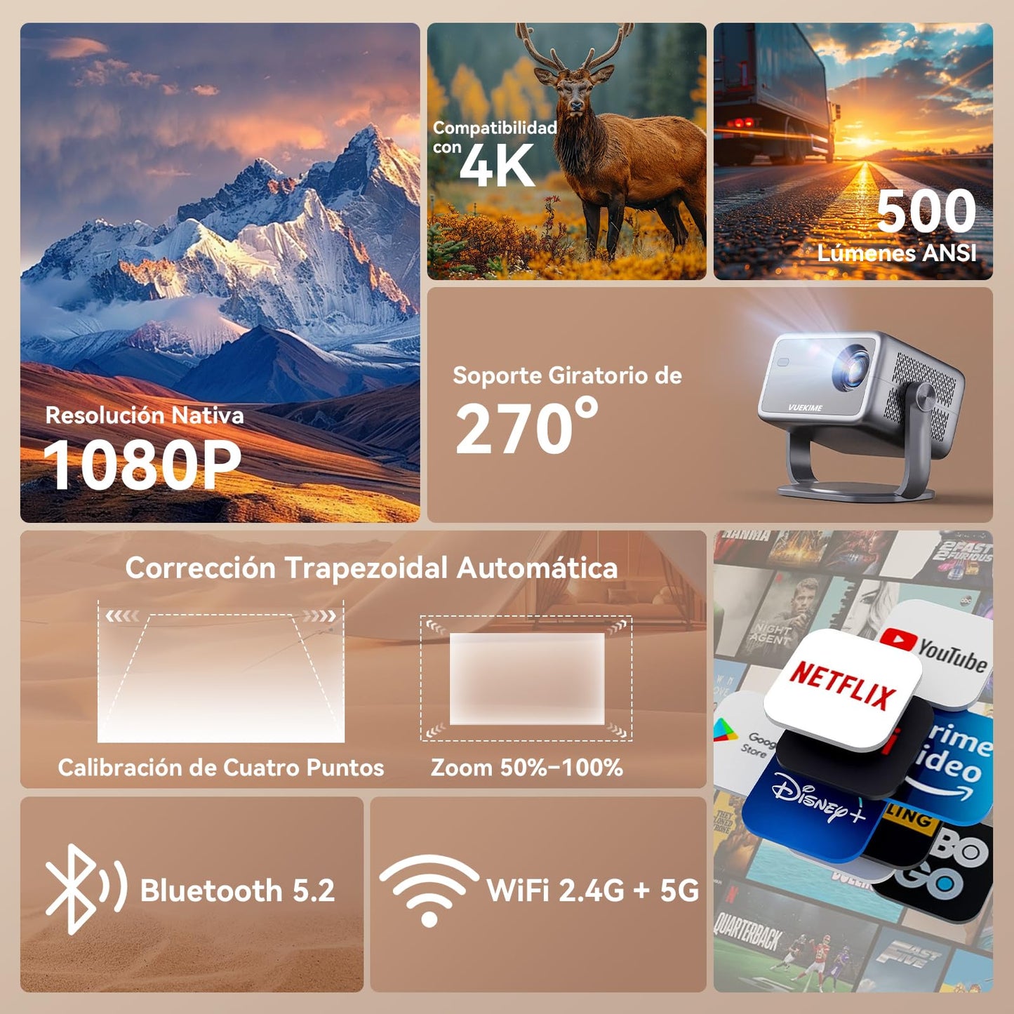 VUEKIME 2026 Proyector Portátil con Android 13, Proyector 4K Soporte y 1080P Nativo con WiFi 6 y Bluetooth 5.2, 500 ANSI, Auto Enfoque/Keystone, Rotación 270°