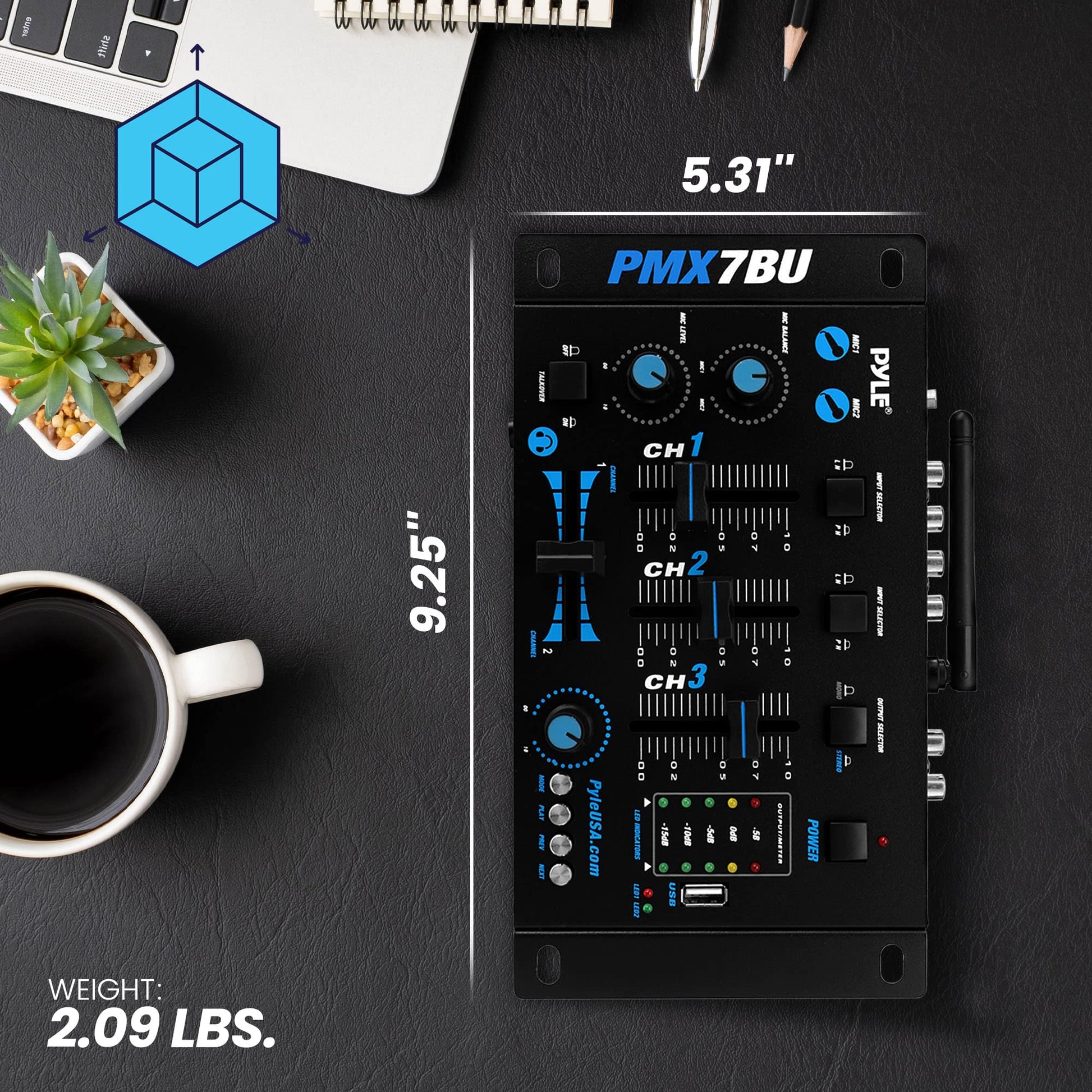 Mezcladora de Audio Inalámbrica Pyle Azul con Controlador DJ Bluetooth y 3 Canales