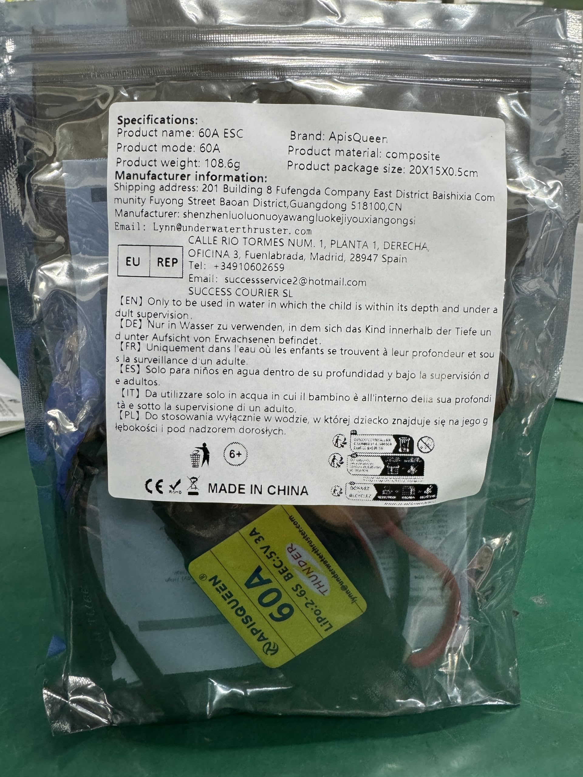Esc APISQUEEN 60A Eléctrico XT60 Enchufe 4.0mm para Drones RC Sin Escobillas y Propulsor Subacuático