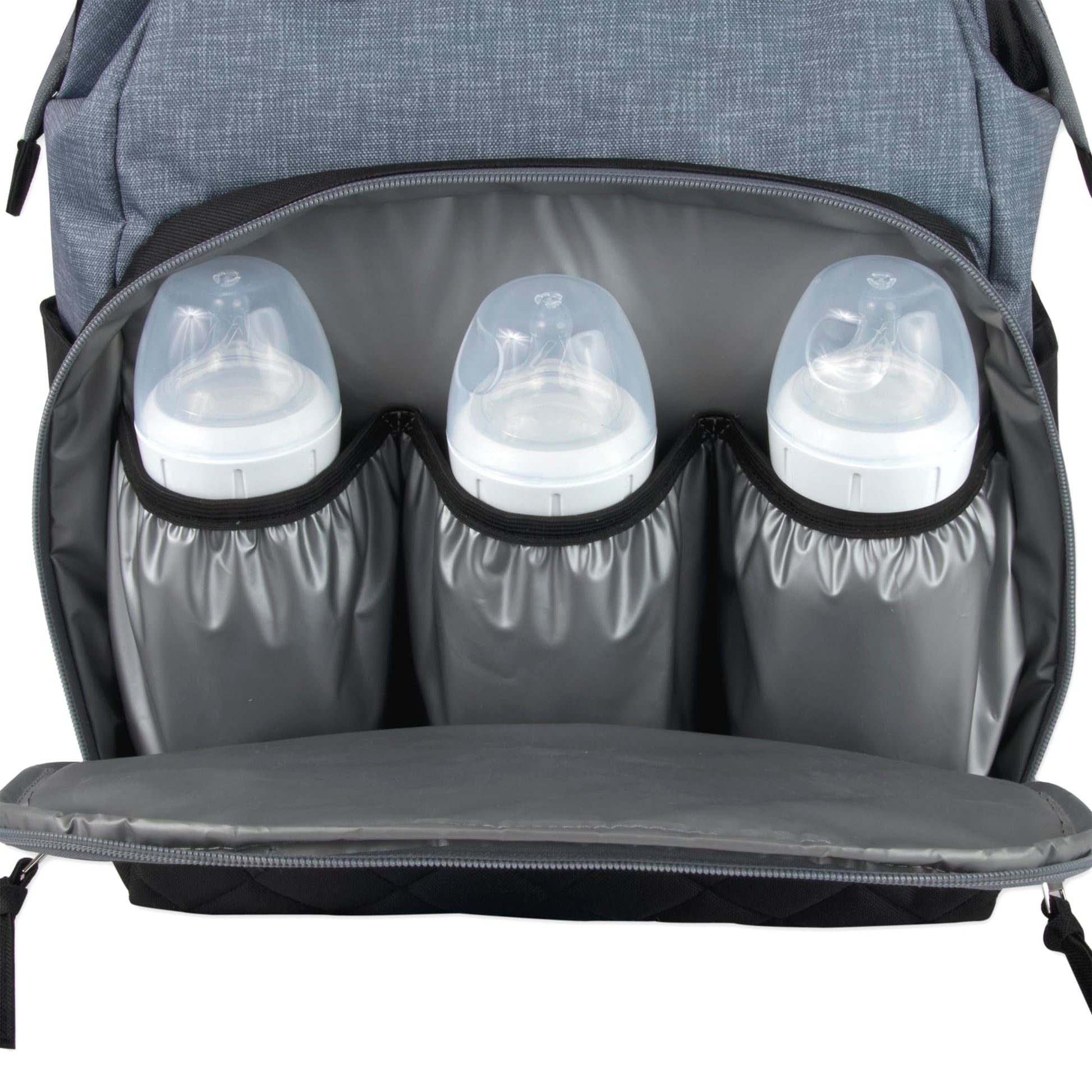 Baby Essentials - Mochila de pañales con marco principal súper enfriadora con cambiador, correas para carriola, compartimento aislado para botellas, Negro/Gris, Mediano, Mochila para pañales