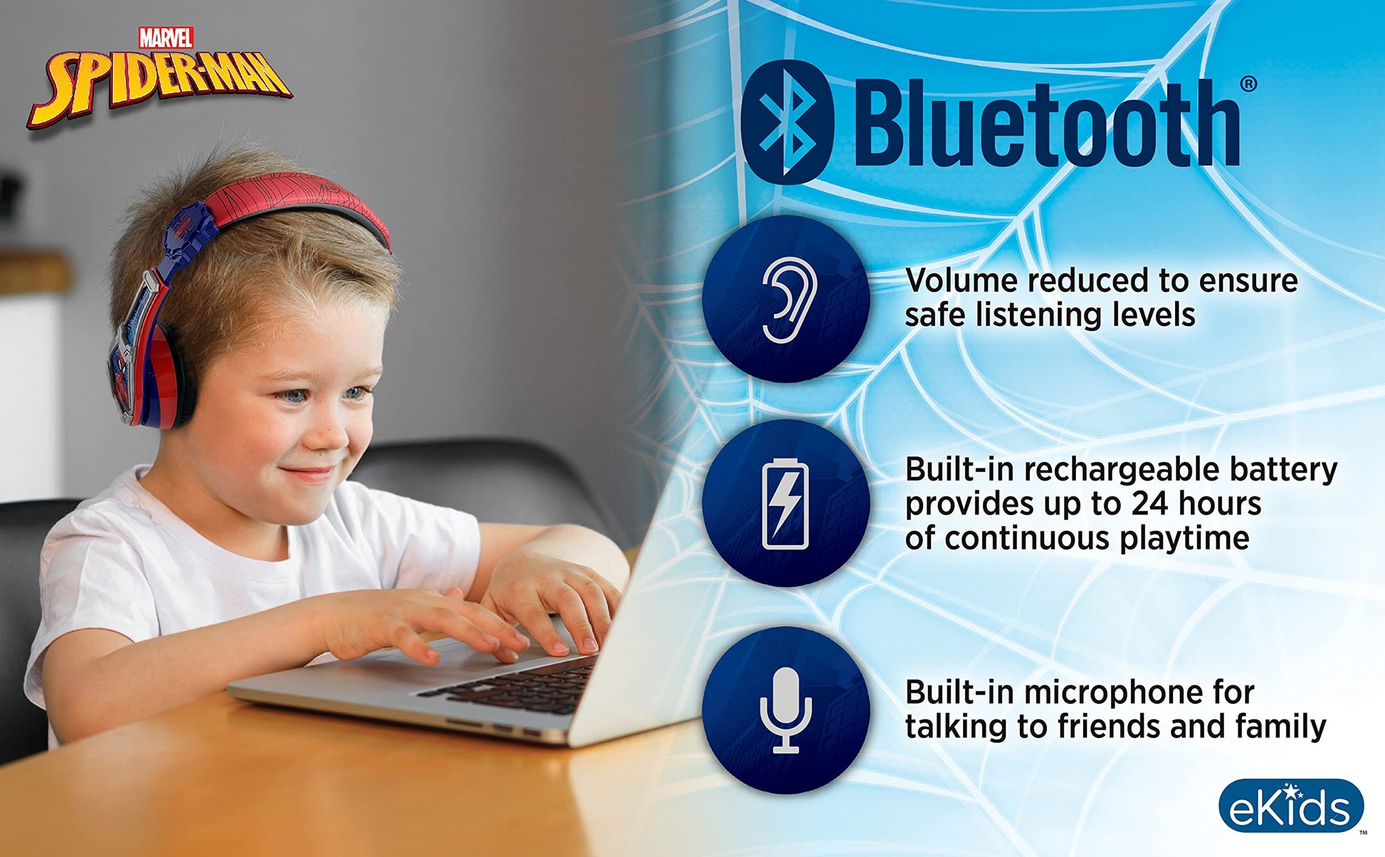 eKids Spiderman - Auriculares inalámbricos Bluetooth portátiles para niños con micrófono, volumen reducido para proteger la audición, batería recargable, diadema ajustable para niños, para escuela, hogar o viajes