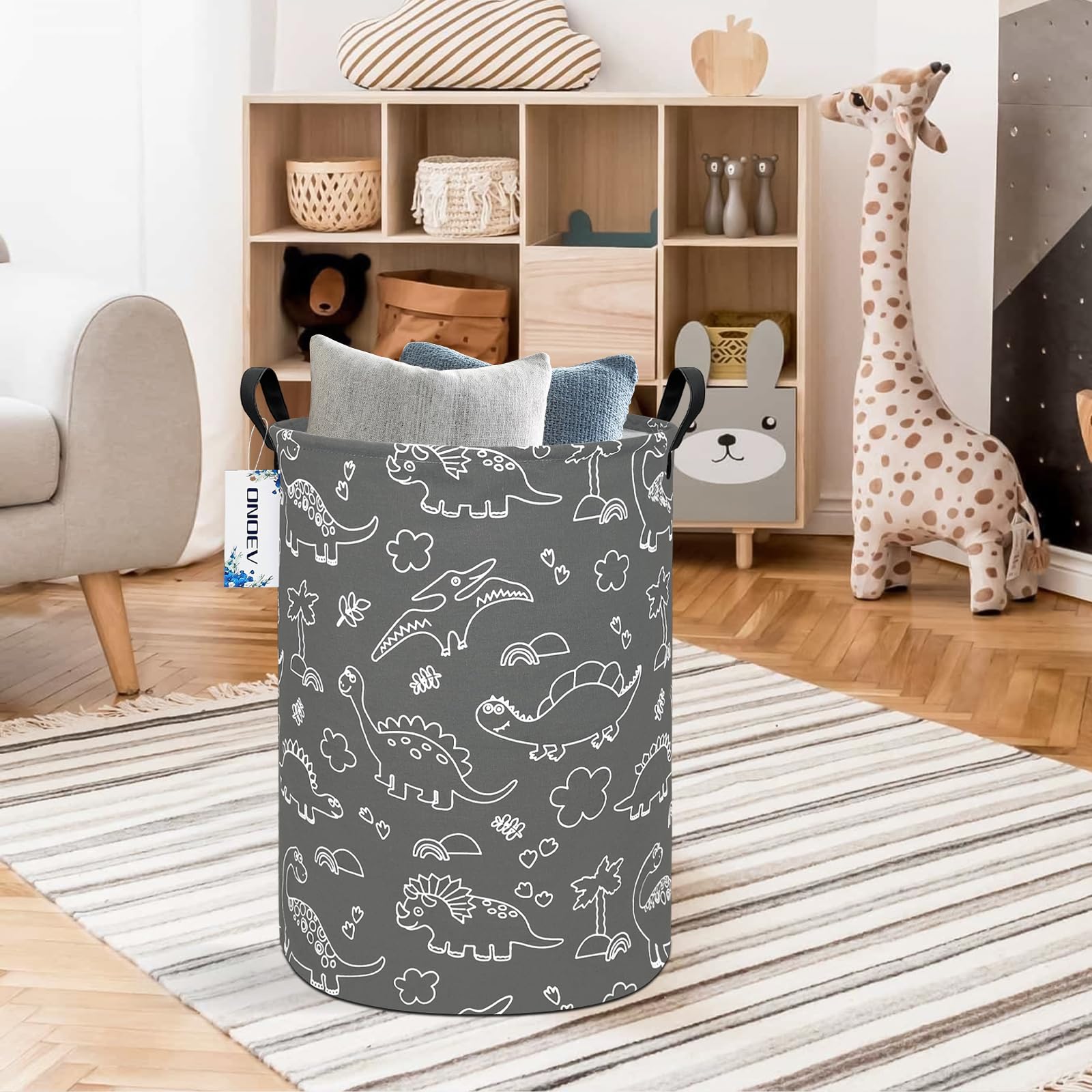 ONOEV - Cestas redondas impermeables de dinosaurios para ropa sucia, cesta de regalo, organizador de juguetes para niños, bolsa de decoración de habitación (dinosaurio de línea gris)