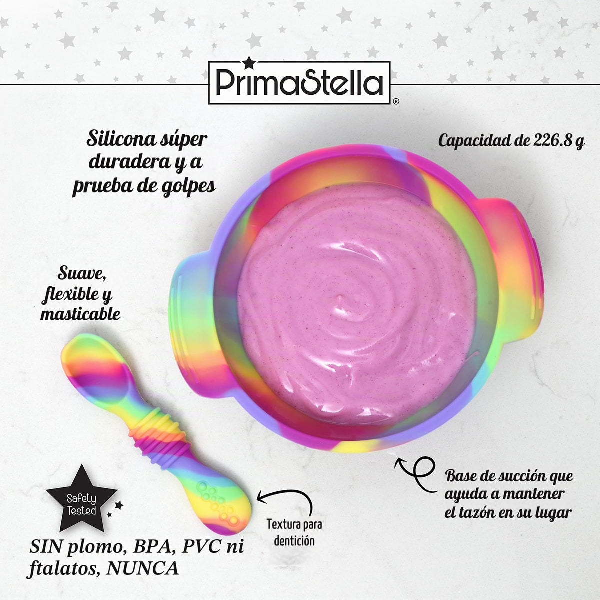 PrimaStella - Juego de tazón y cuchara de silicona irrompible antideslizante para bebés y niños pequeños (arco iris)
