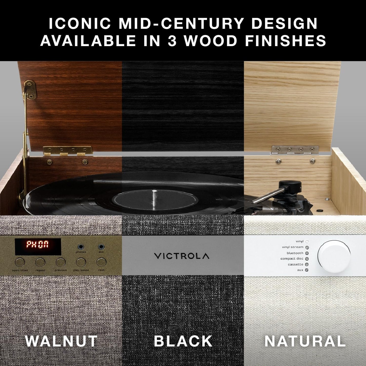 Tocadiscos Victrola Century Natural con Bluetooth y Auxiliar 3 Velocidades Diseño de Medio Siglo