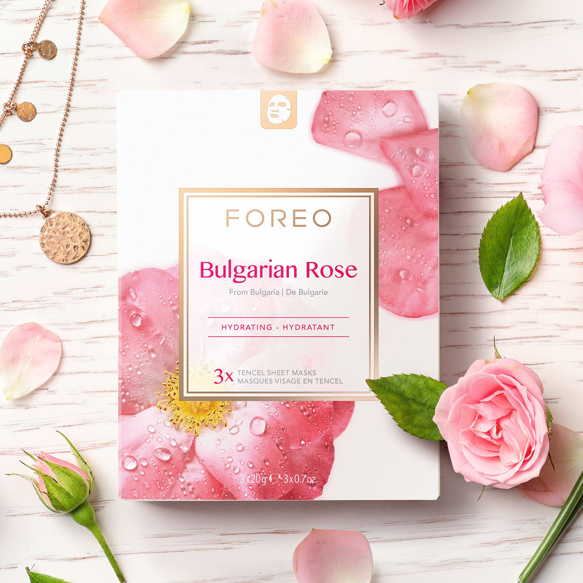 FOREO UFO Bulgarian rose, mascarilla facial activa para piel seca y apagada, pack de 3, calmante y revitalizante, con rosa búlgara y aceite de jojoba, cruelty free, compatible con UFO 2 y UFO