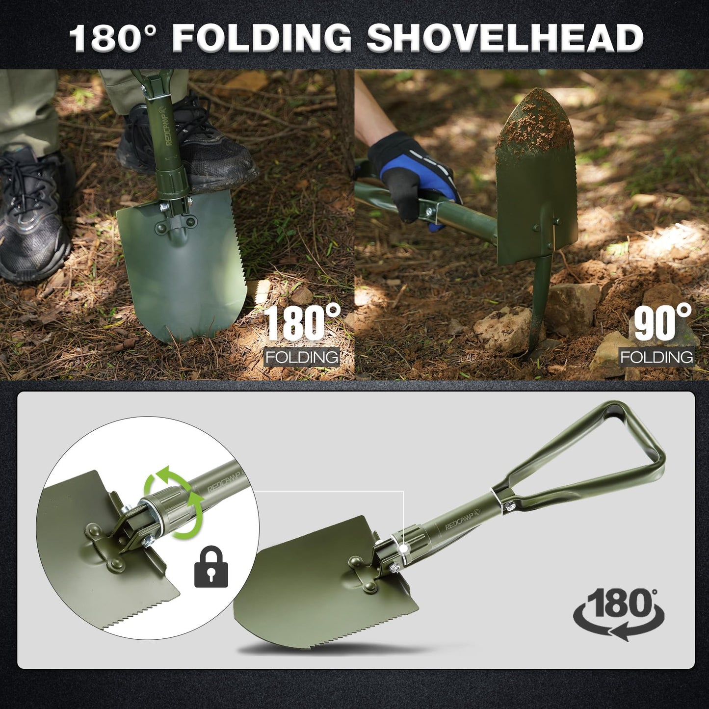 Pala de Camping REDCAMP Verde Militar Plegable con Mango Triple para Senderismo