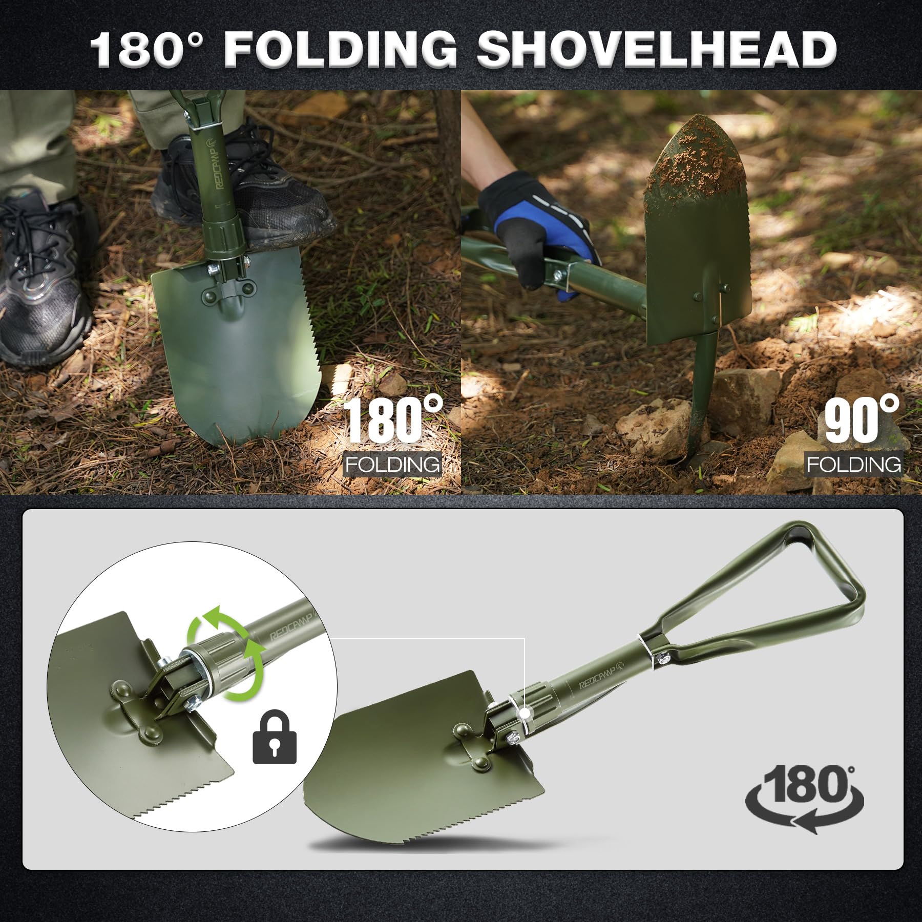 Pala de Camping REDCAMP Verde Militar Plegable con Mango Triple para Senderismo