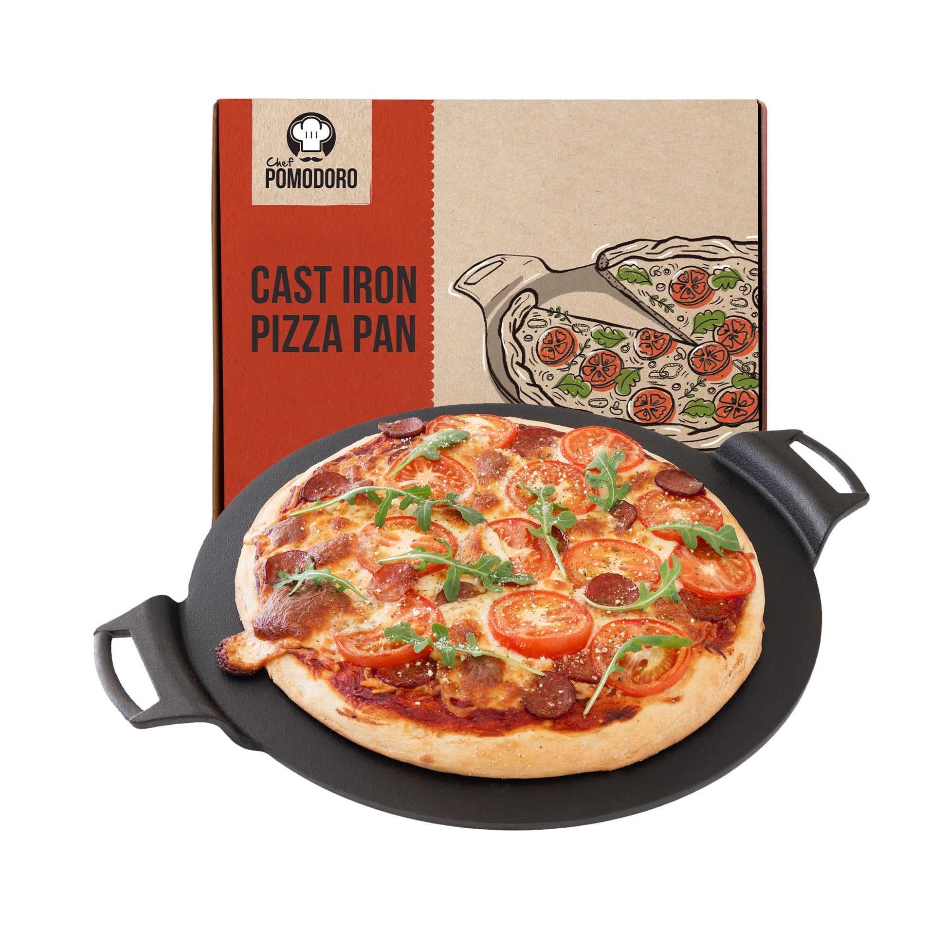 Chef Pomodoro Sartén para pizza de hierro fundido, con asas precondimentadas, bandeja para hornear, parrilla redonda para dosas, tawa roti, comal para tortillas, horno de pan (de 38 centímetros)