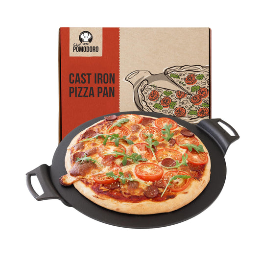 Chef Pomodoro Sartén para pizza de hierro fundido, con asas precondimentadas, bandeja para hornear, parrilla redonda para dosas, tawa roti, comal para tortillas, horno de pan (de 38 centímetros)