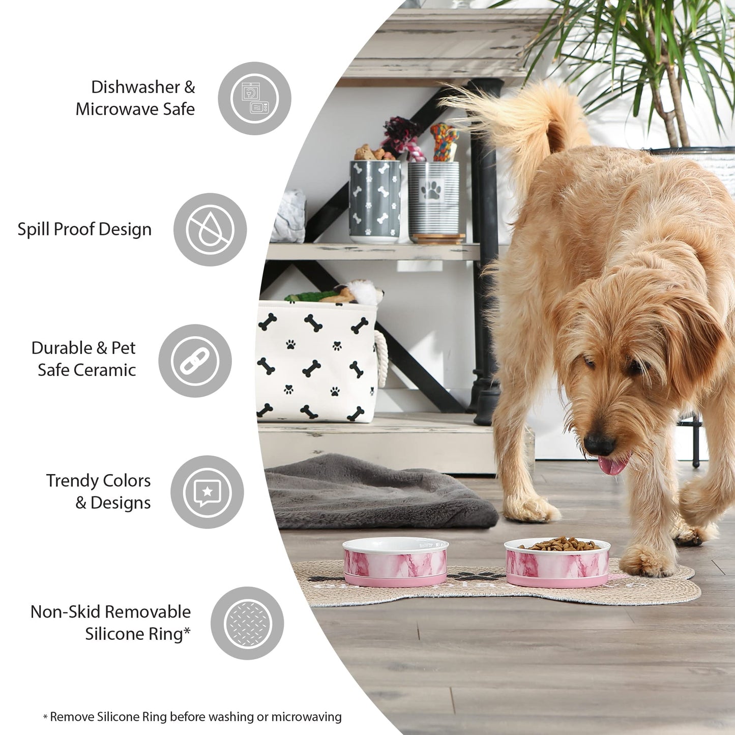 DII Bone Dry Lattice Ceramic Medium Pet Bowl For Food & Water, 6" Dia x 2"H, With Non-Skid Silicone Rim for Dogs and Cats-Aqua