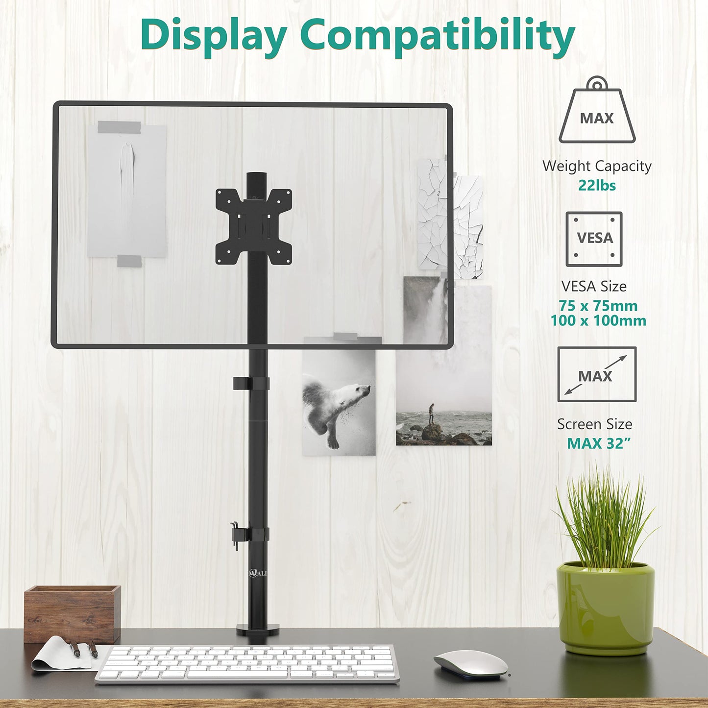 Soporte para Monitor WALI Negro con Ajuste Horizontal y Vertical VESA 75 & 100mm Hasta 32 Pulgadas 10 kg