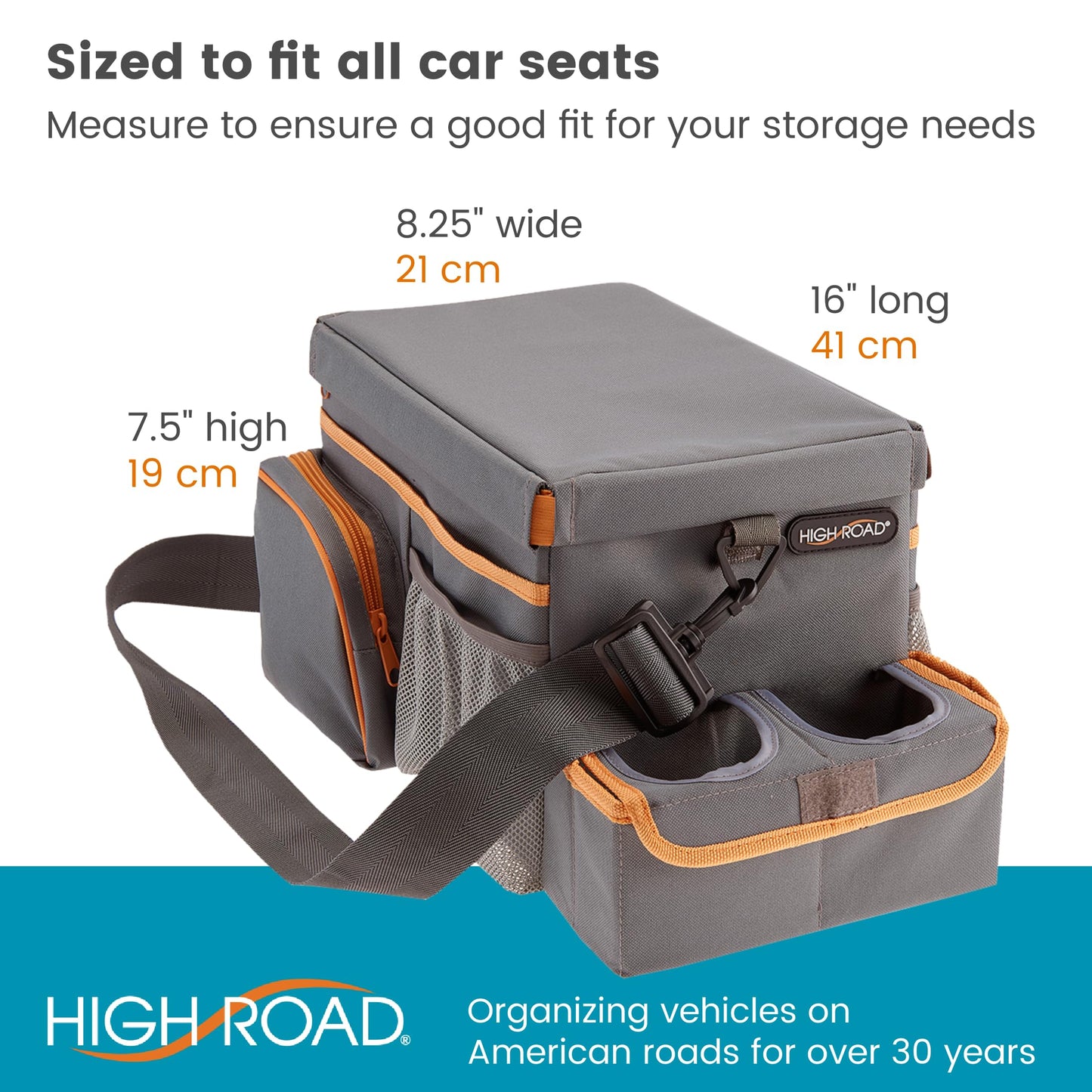 High Road CarHop Organizador de asiento de coche para niños y adultos con bandeja para portavasos y bolsillos laterales y compartimento para refrigerador (mediano, gris)