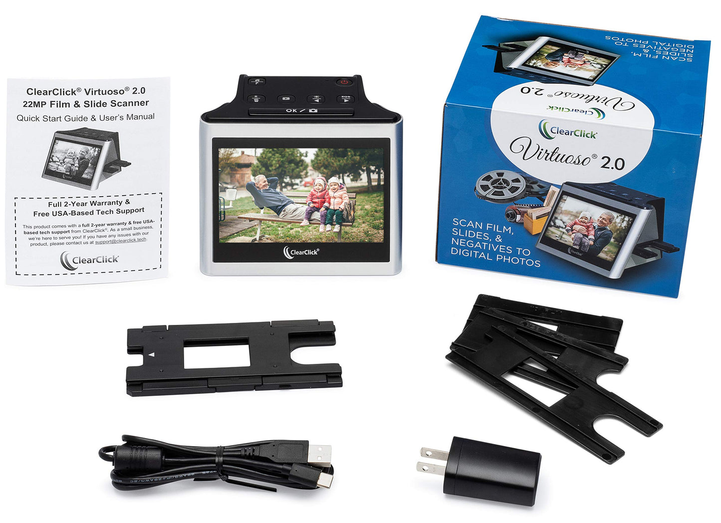 ClearClick Virtuoso 2.0 (segunda generación) Escáner de película y diapositivas de 22 MP con visualización LCD extragrande de 5 pulgadas, convierte 35 mm, 110, 126 diapositivas y negativos a fotos