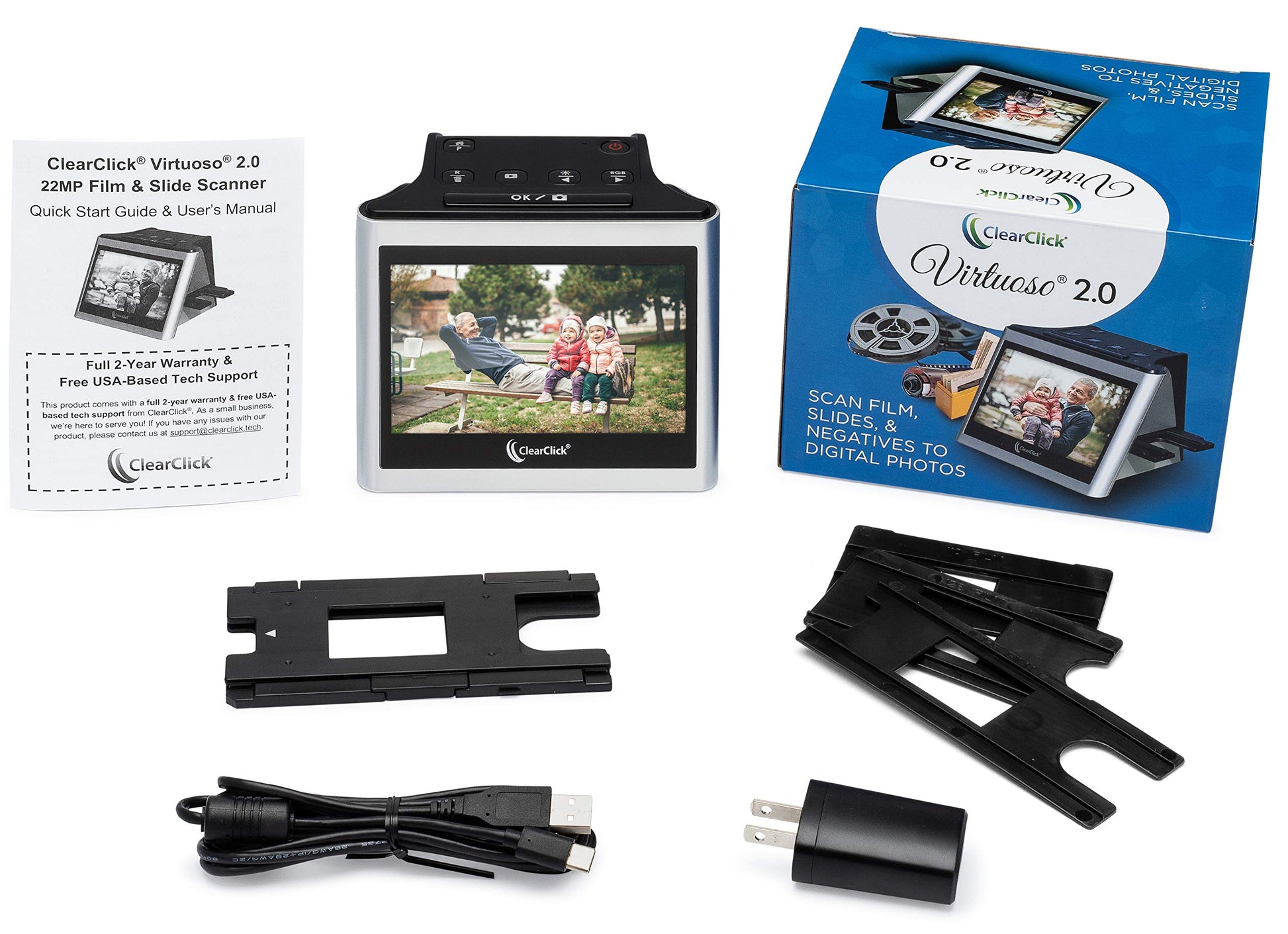 ClearClick Virtuoso 2.0 (segunda generación) Escáner de película y diapositivas de 22 MP con visualización LCD extragrande de 5 pulgadas, convierte 35 mm, 110, 126 diapositivas y negativos a fotos