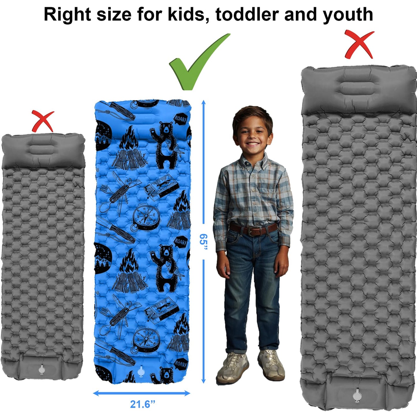 Almohadilla de dormir inflable para niños, niños pequeños y jóvenes, colchón de aire con bomba integrada, tapete de dormir ultraligero de 5 pies 5 pulgadas con almohada para camping, fiestas de