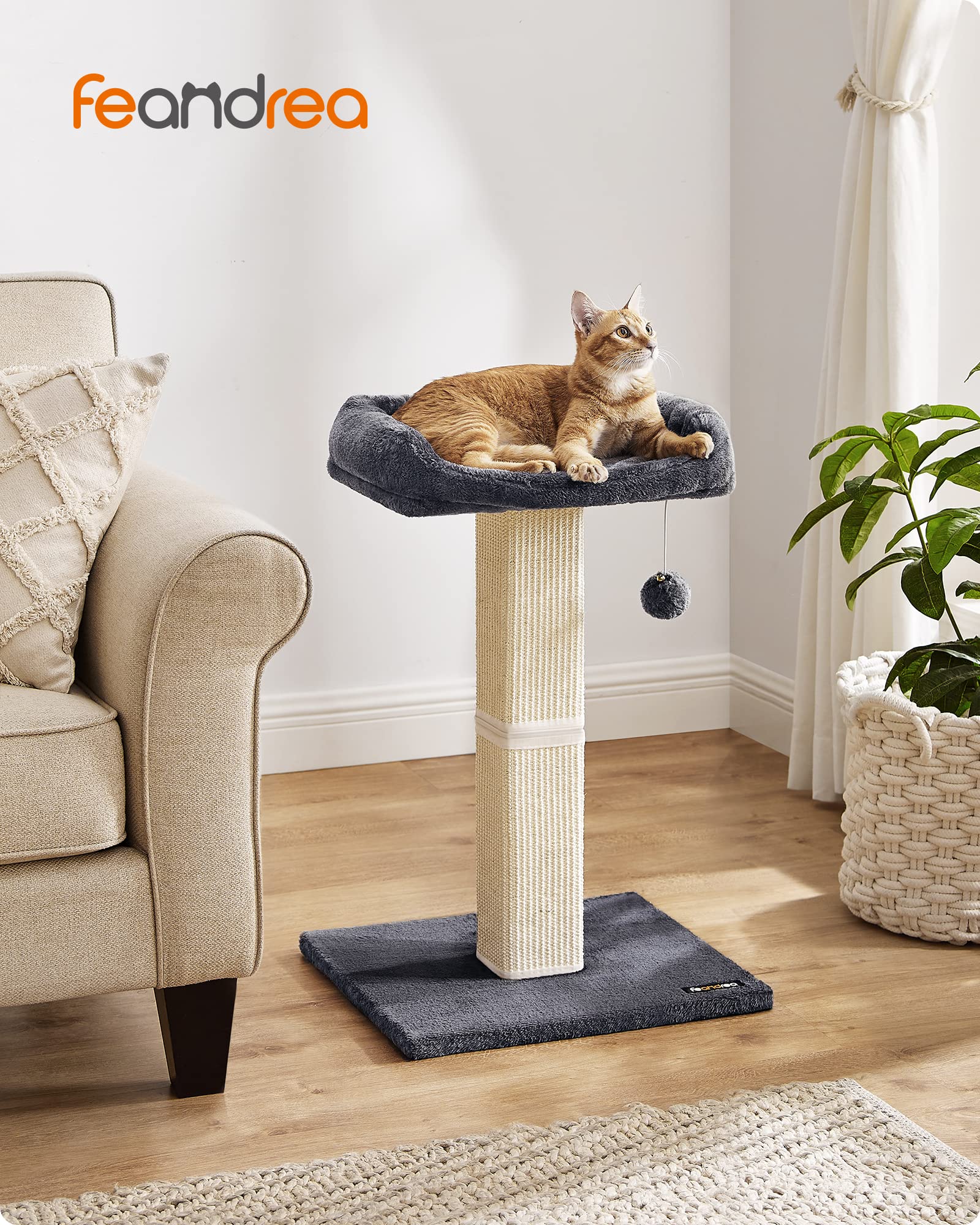 Feandrea Rascador para Gatos, Árbol para Gatos, Altura de 68 cm, Poste de Rascado con Plataforma, Poste de Sisal, con Pompón, Gris Oscuro MPCA022G01
